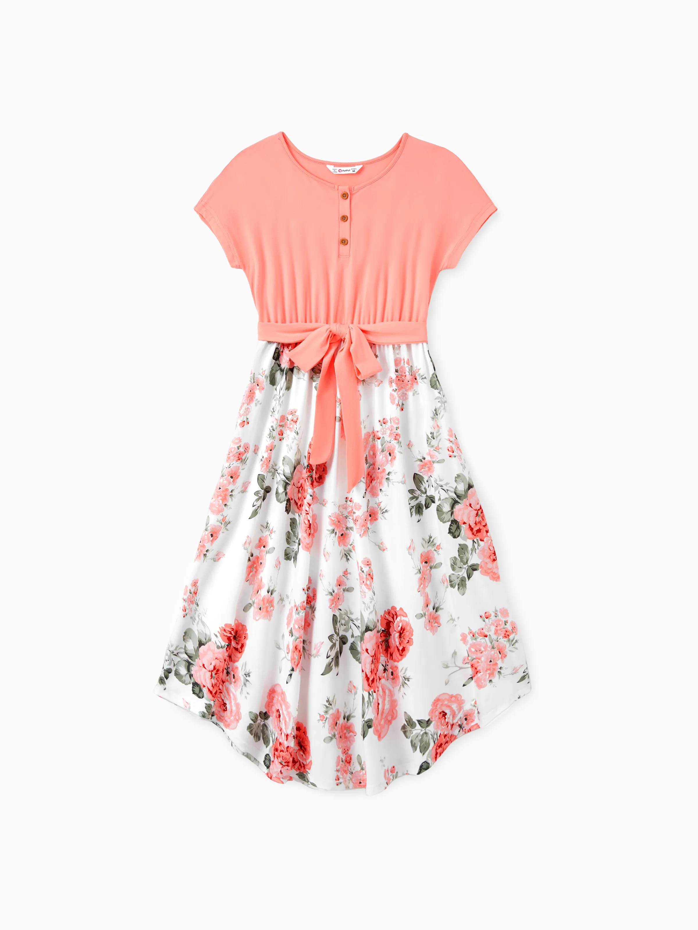 

Family Matching Sets Pinkish Orange Cap-sleeve Spliced Floral Dresses and Short-sleeve Color Block T-shirts