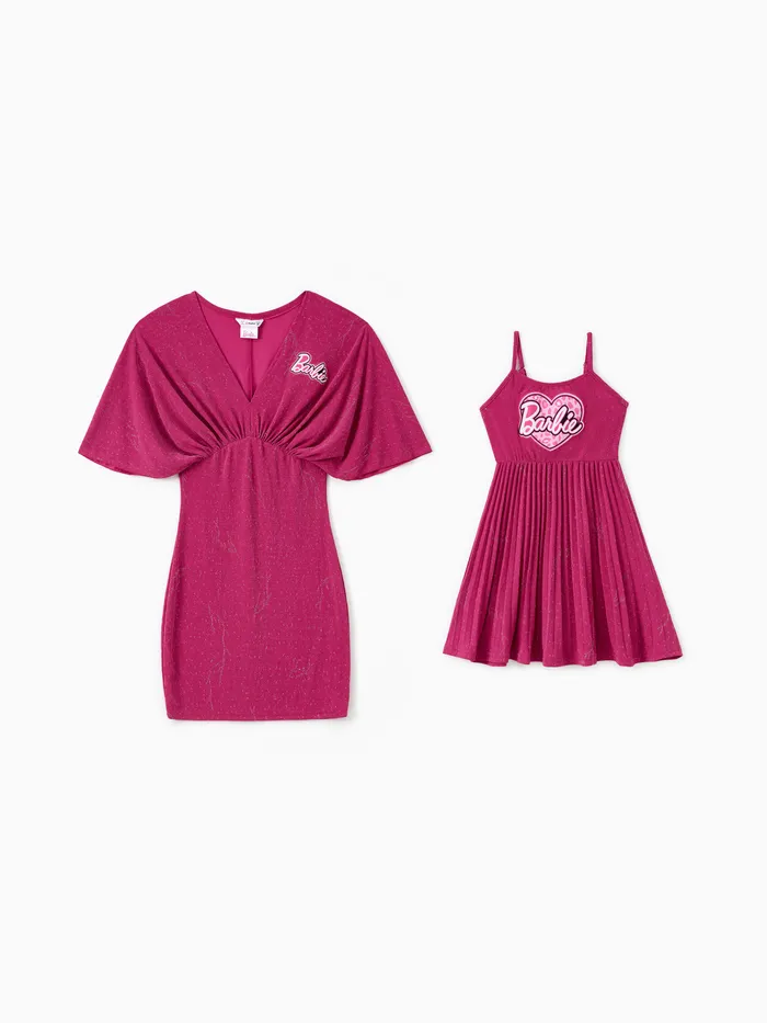 Barbie Mommy and Me Heart Letter Print Sparkle Batwing-sleeve Dress/Sleeveless Dress
