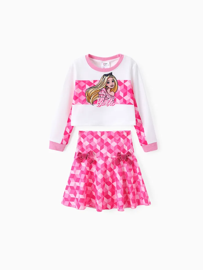 Barbie 2pcs Kid Girl Plaid Colorblock Long-sleeve Tee and Bowknot Design Skirt Set