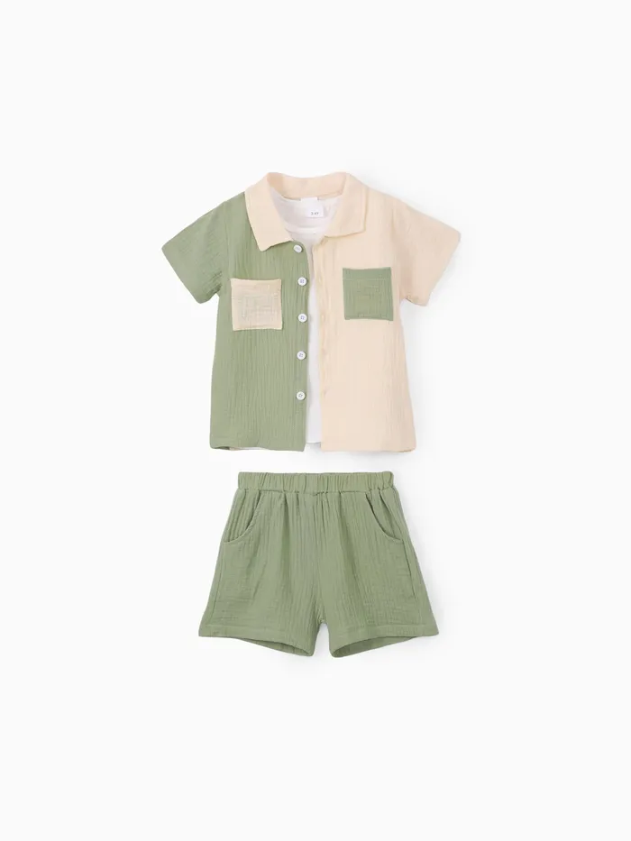 Toddler Boy 3pcs Textured Lapel Shirt and Solid Tee and Shorts Set