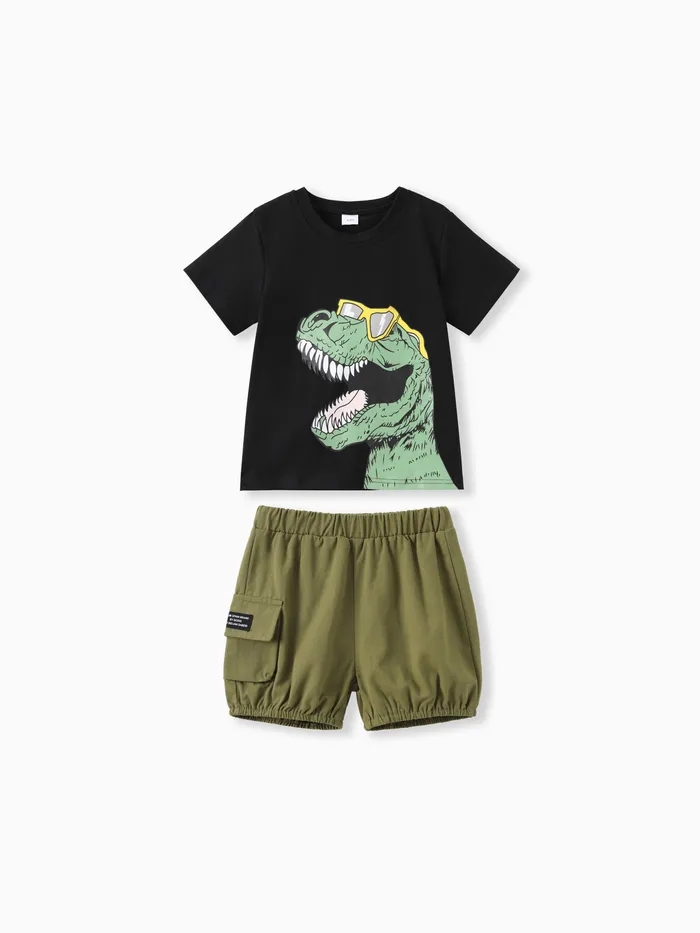2-teiliges Baby-Brillen-Dinosaurier-Druck-Kurzarm-T-Shirt und Cargo-Shorts-Set
