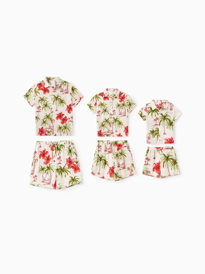 Family Matching Sets Tropical Floral Printed Button Up Beach Shirt and Shorts with Drawstring and Pockets
