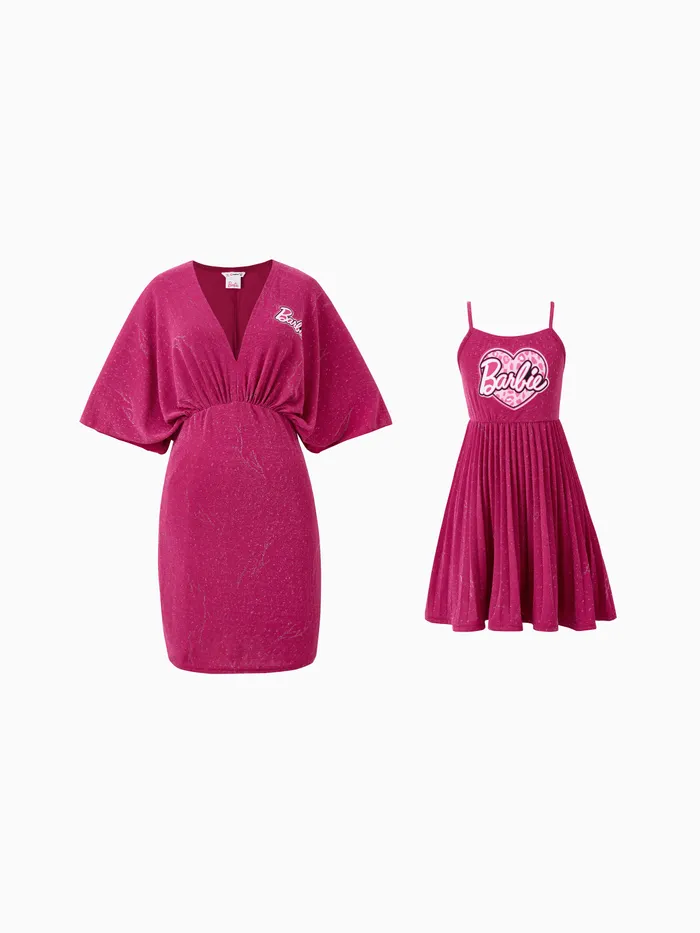 Barbie Mommy and Me Heart Letter Print Sparkle Batwing-sleeve Dress/Sleeveless Dress