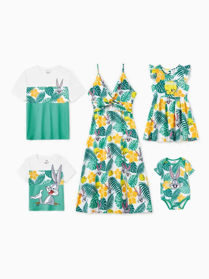 Looney Tunes Family Matching Tropical Leaf Floral Print Grenouillère/Robe/Tee