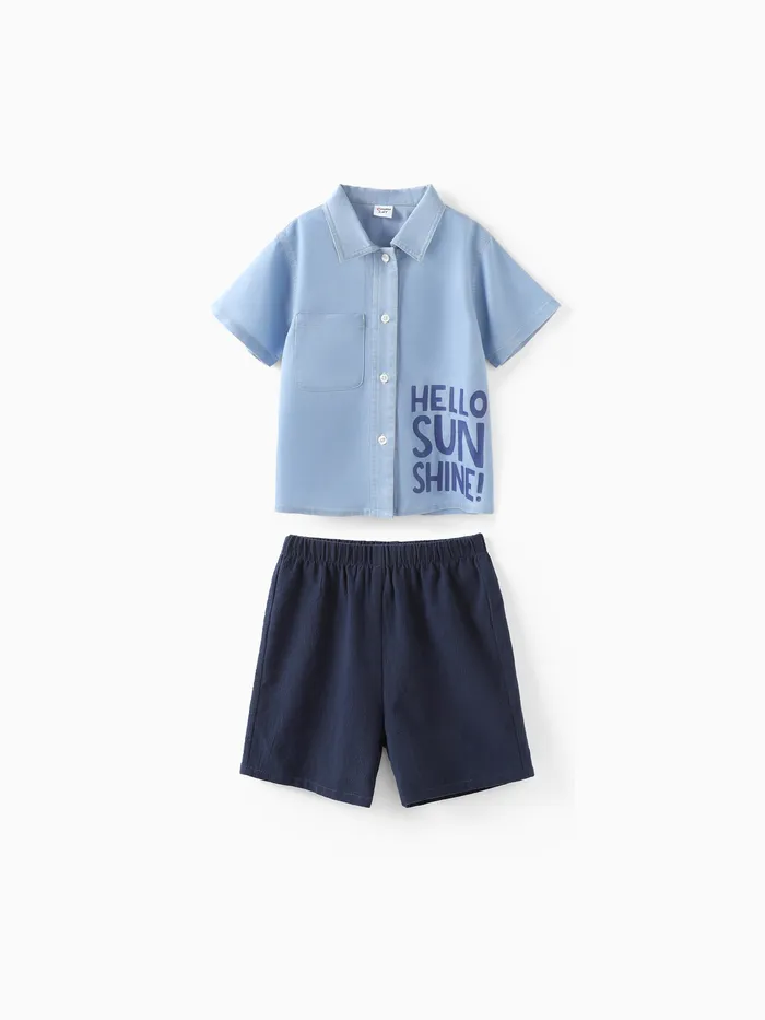 Toddler/Kid Boy 2pcs Cooling Denim Carta Camisa Print e Shorts Set