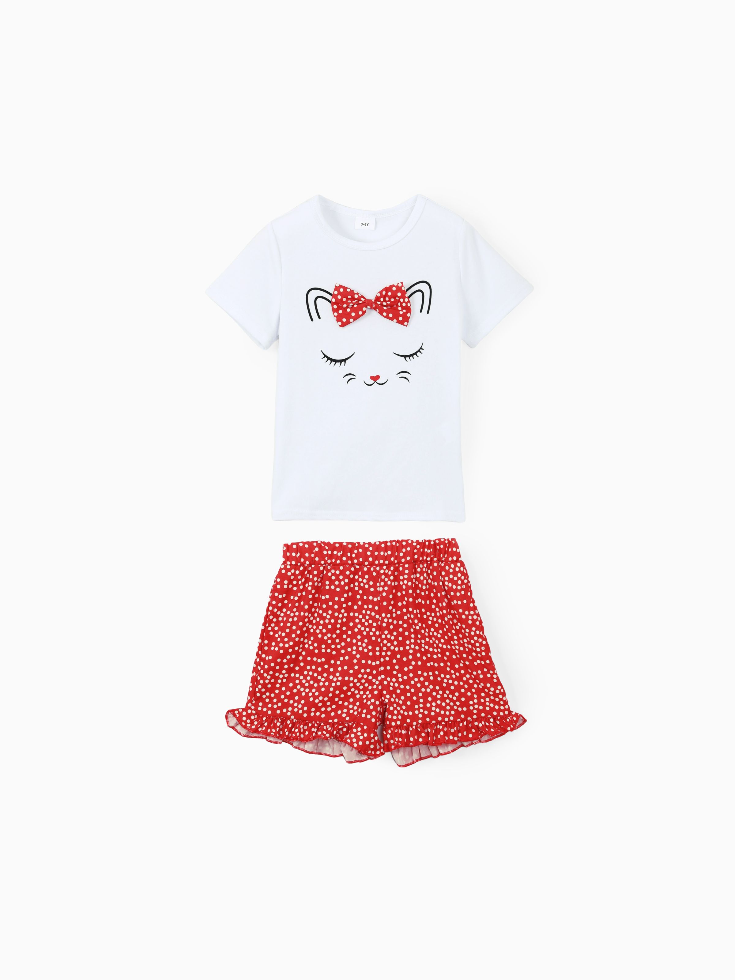 

2pcs Toddler Girl Playful Bow Decor Cat Print Tee and Dots Pattern Shorts Set