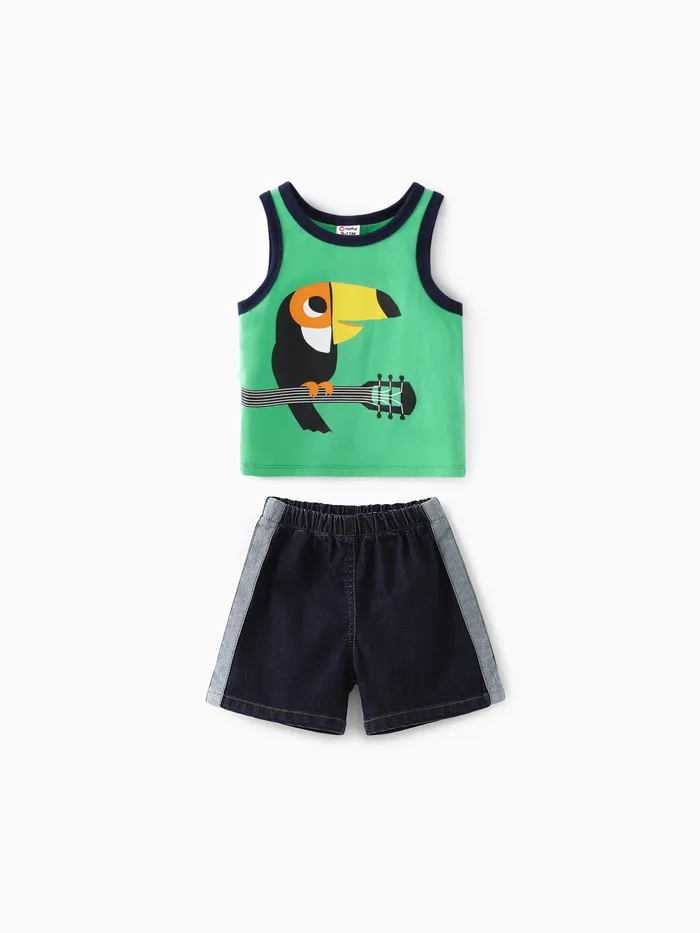 Baby Boy 2pcs Camiseta sin mangas con estampado de pájaro y conjunto de pantalones cortos de mezclilla refrescante