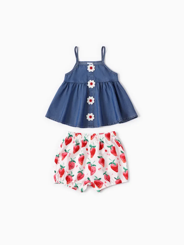 Baby Girl 2pcs Cooling Denim Camisole and Floral Print Shorts Set