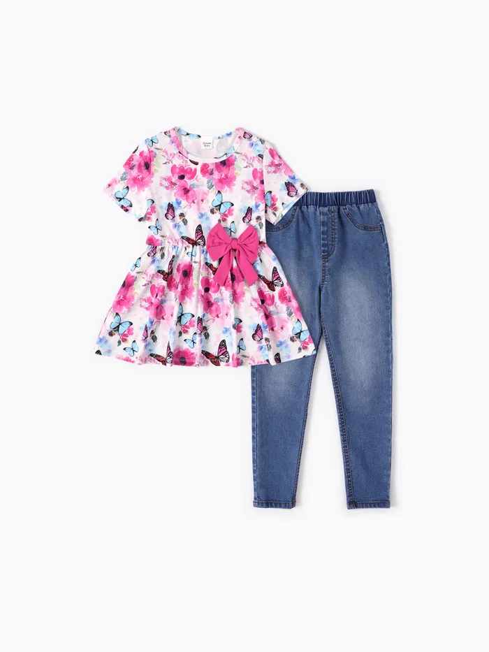 Kid Girl 2pcs Resfriamento Denim Floral Print Top e Jeans Set