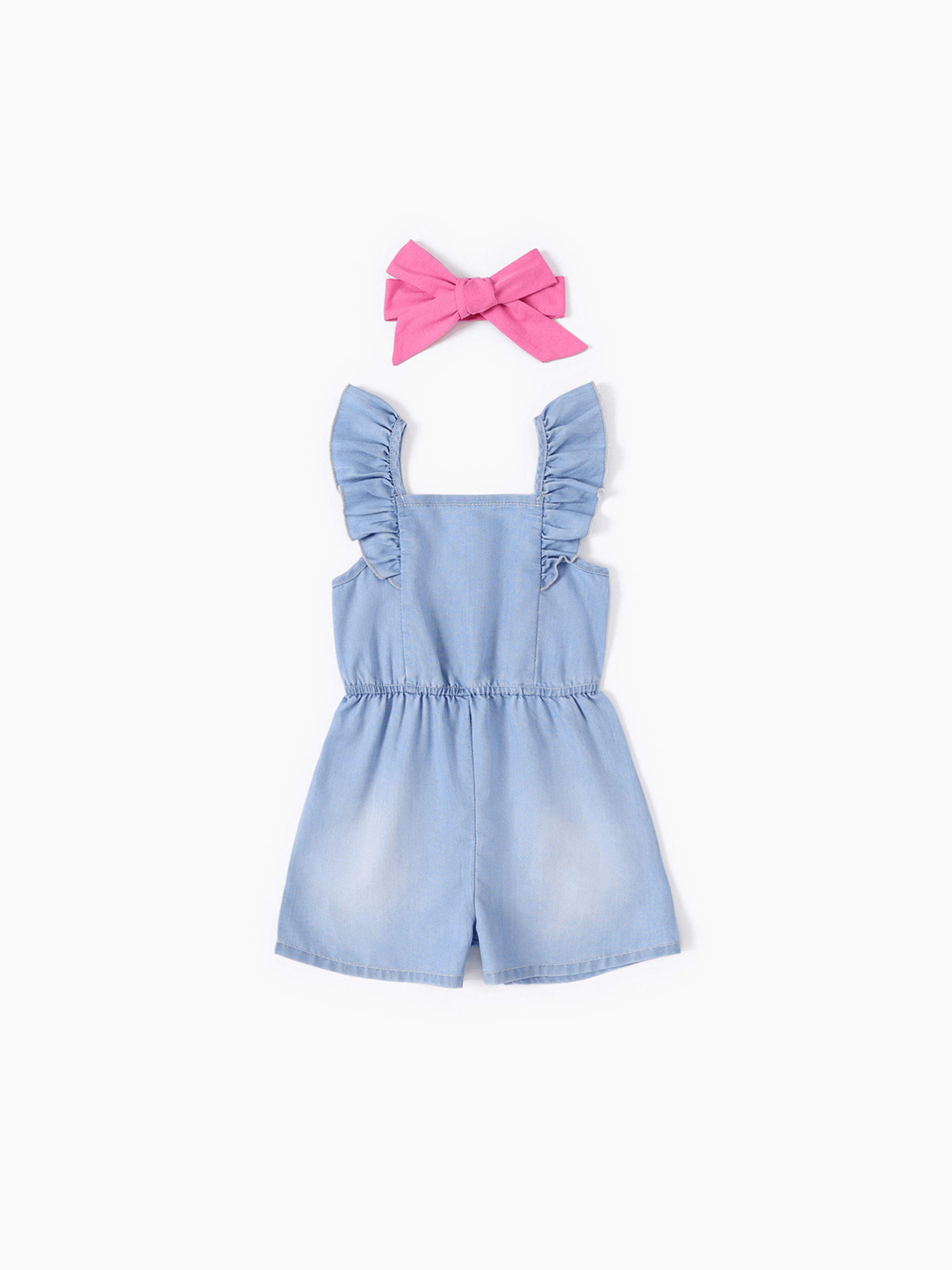 

Baby Girl Cooling Denim Solid Color/ Floral Print Jumpsuit with Headband