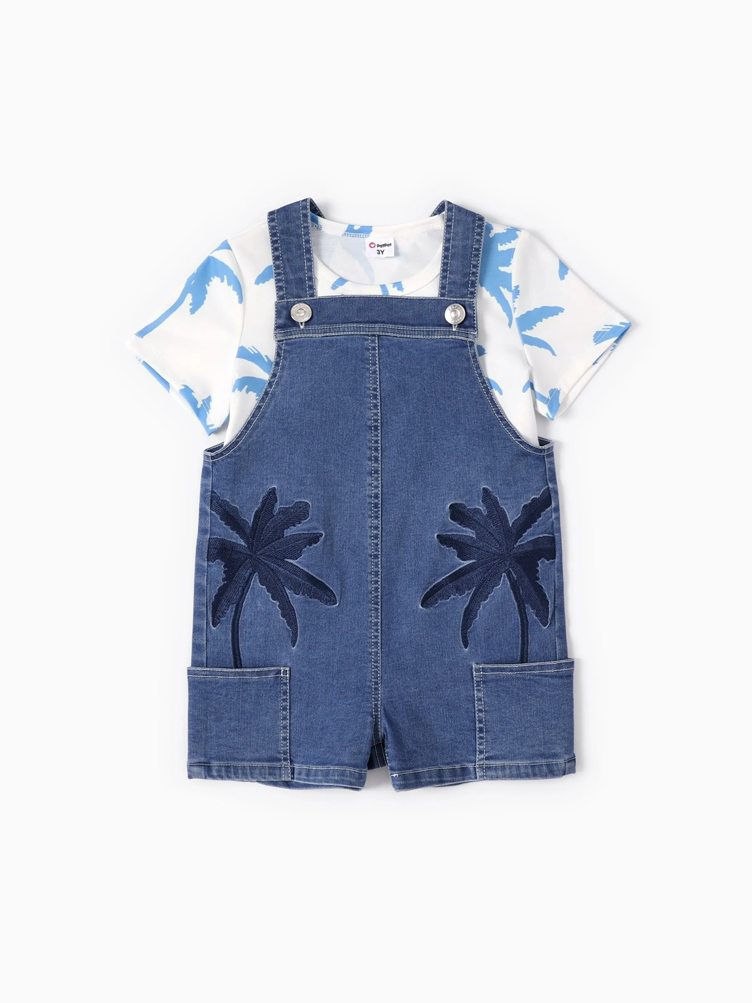 Toddler Boy 2pcs Cooling Denim Plant Print Tee and Overalls Set