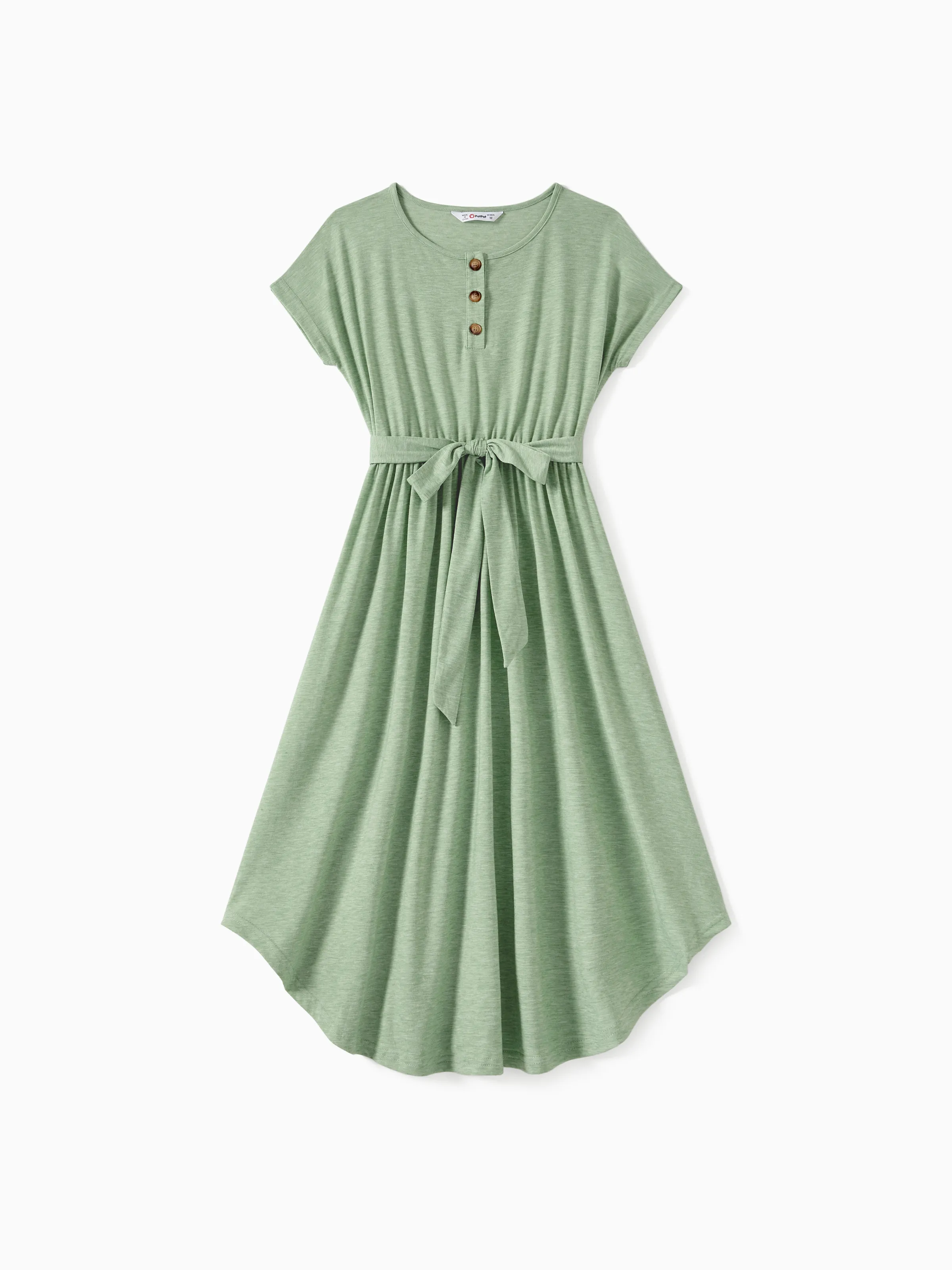 

Family Matching Colorblock Stripe Tee and Green Button A-Line Dress Sets