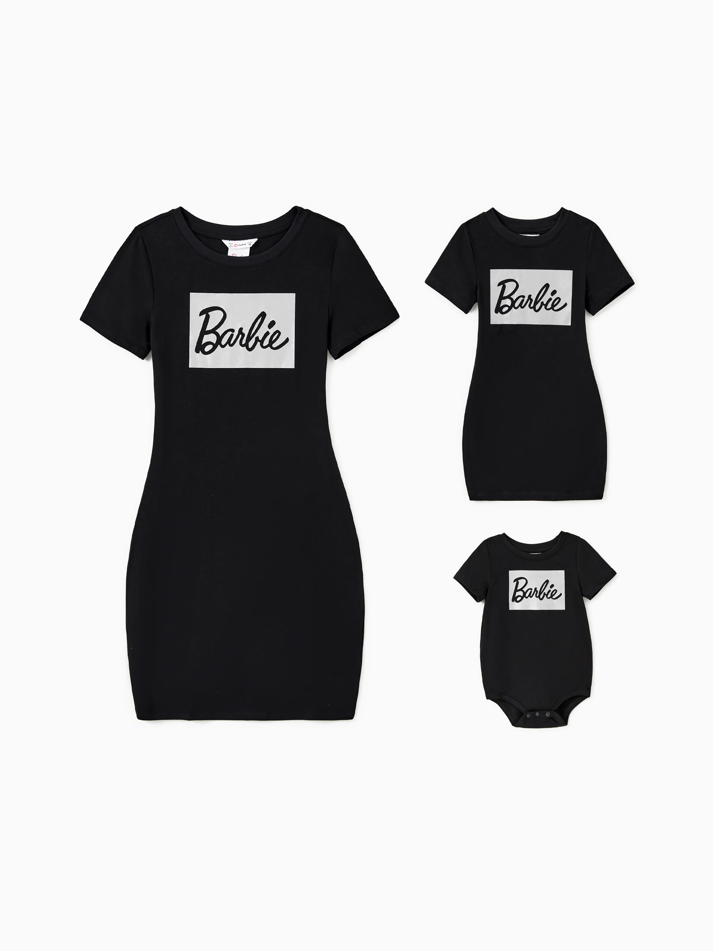 Barbie Mommy and Me Black Cotton Short-sleeve Letter Print Bodycon T-shirt Dresses