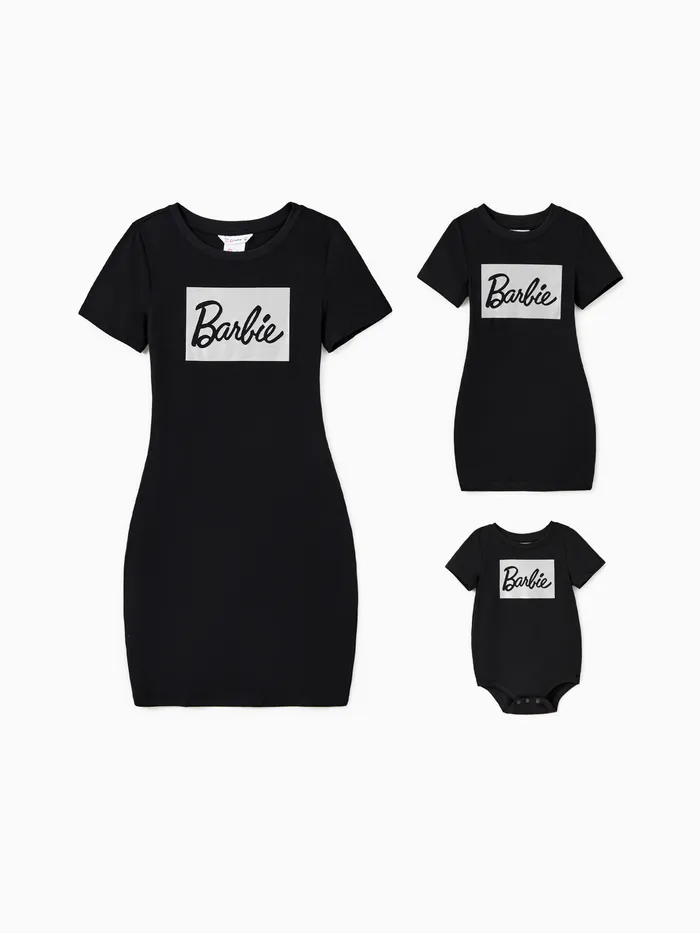 芭比娃娃媽媽和我黑色棉質短袖字母印花緊身 T 卹連衣裙