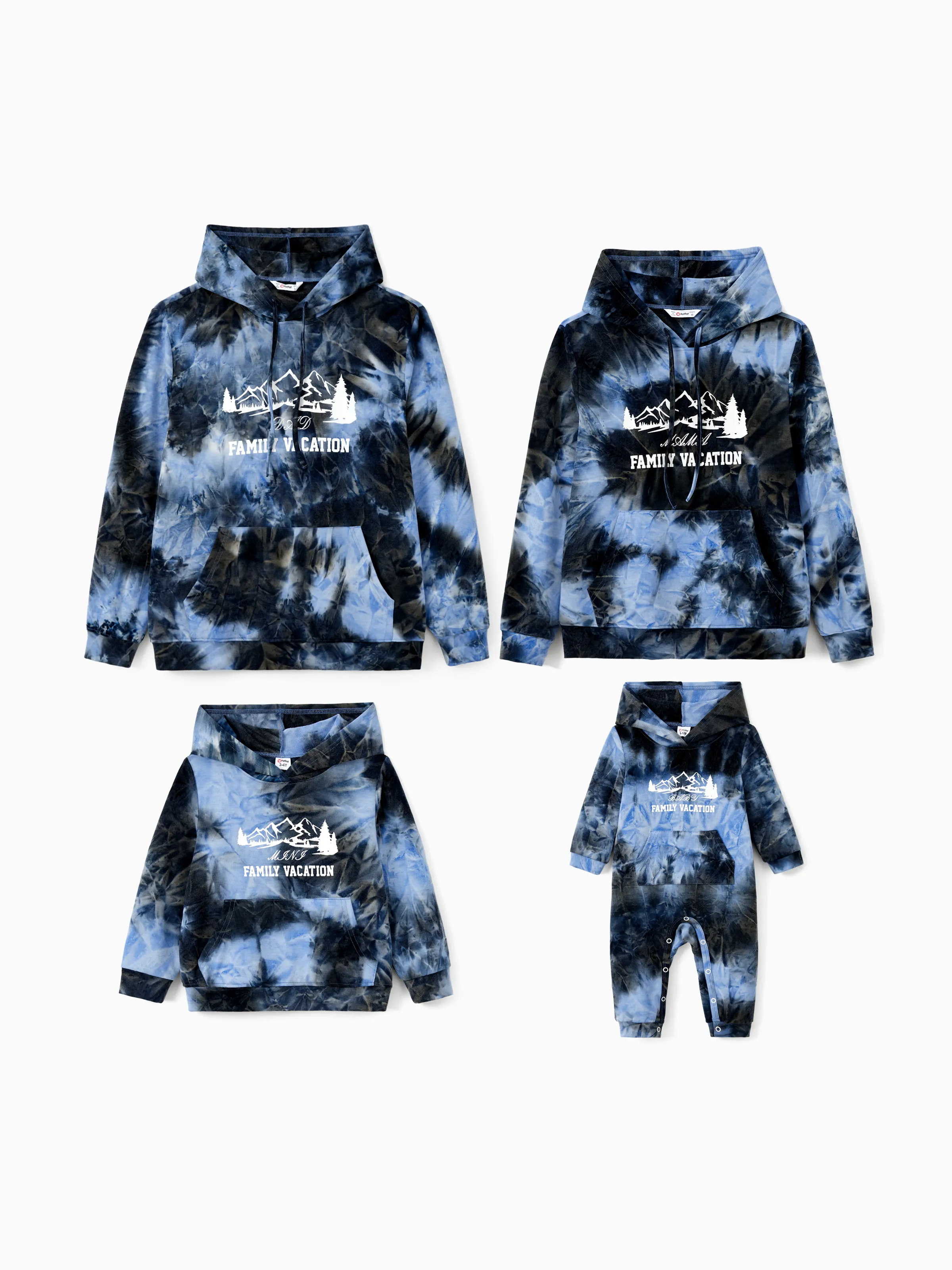 Family Matching Tops Blue-Black Tie-Dye Family Vacation Drawstring Hoodie with Pockets 