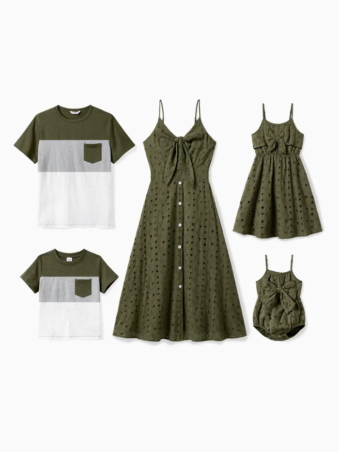 Family Matching Colorblock T-Shirt and Embroidered Eyelet Neck Tie Button Strap Dress Sets