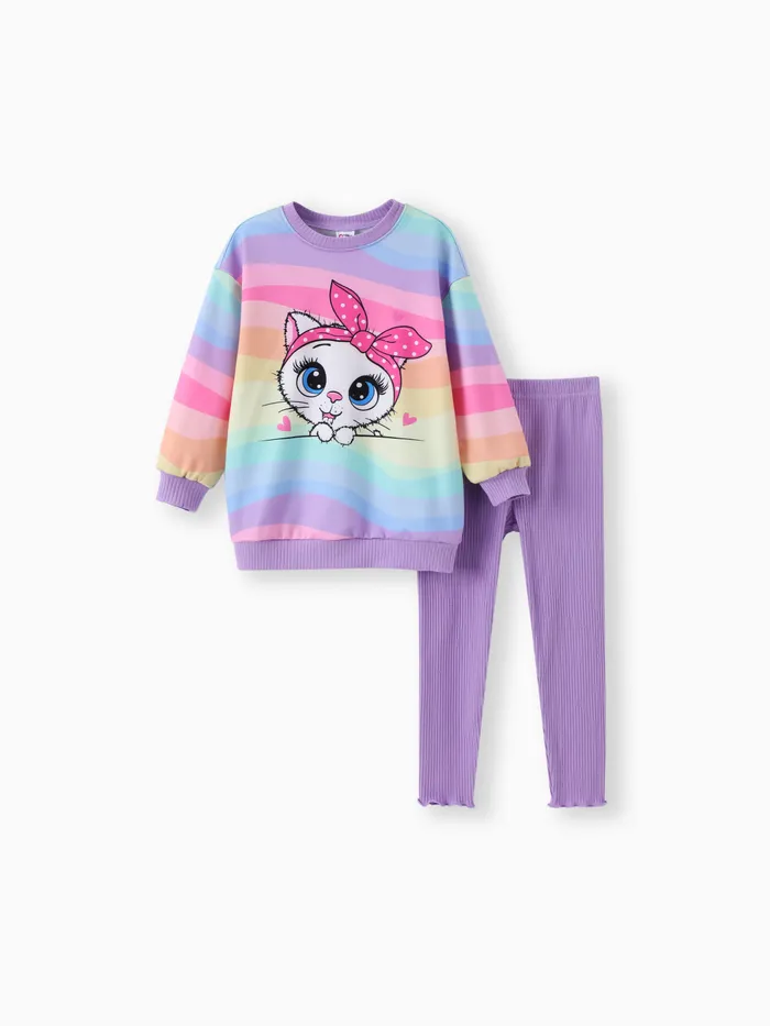 Toddler/Kid Girl 2pcs Childlike Cat Print Sweatshirt and Leggings Set