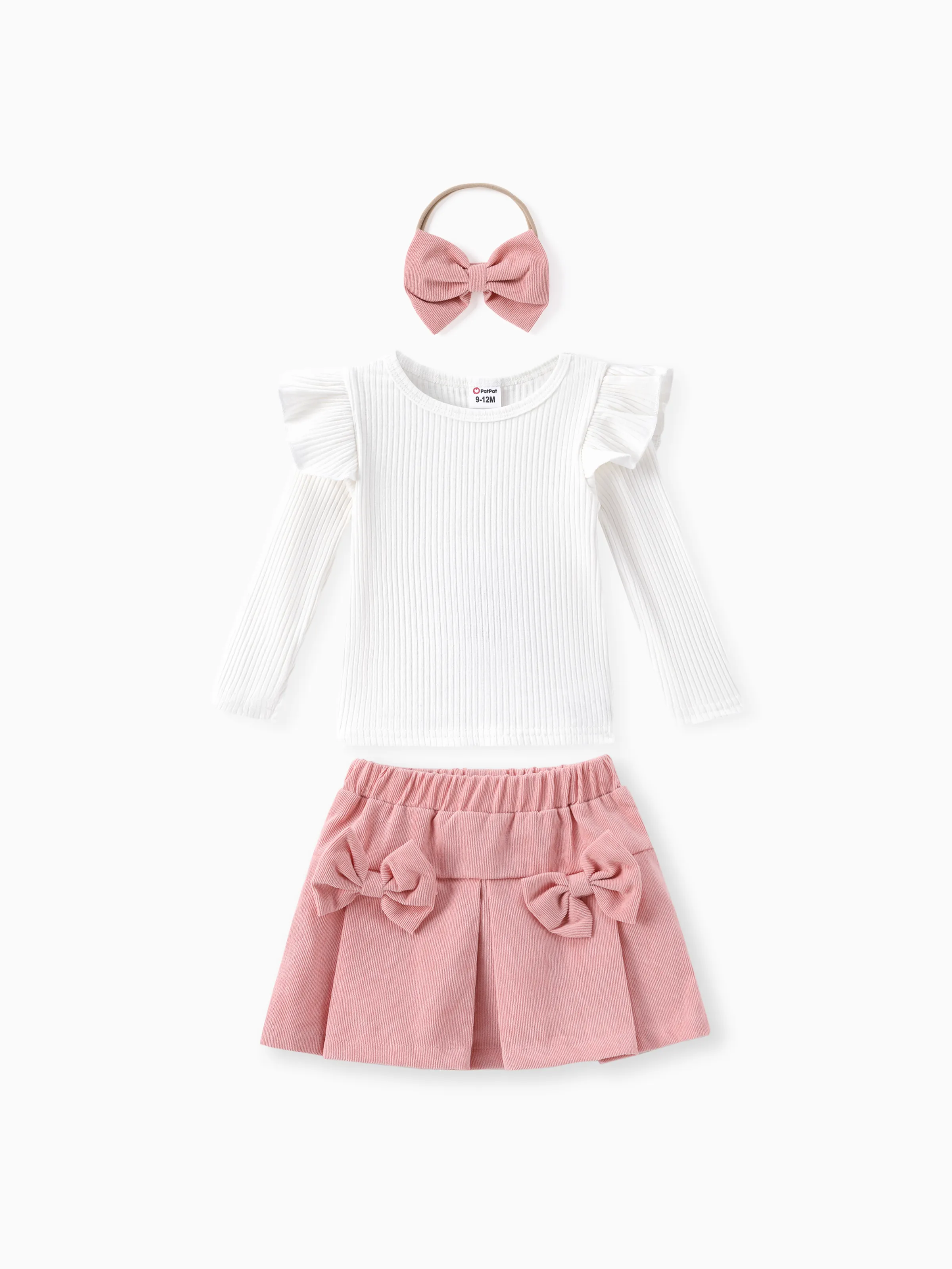 

3pcs Baby Girl 95% Cotton Ribbed Ruffle Long-sleeve Top and Bow Front Skirt & Headband Set