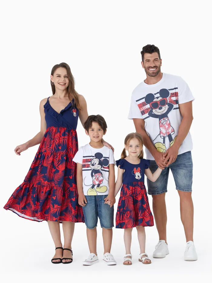 Disney Family Matching Plant Print Emenda Vestidos de Cami com babados e Algodão listrado Short-sleeve T-shirts Sets