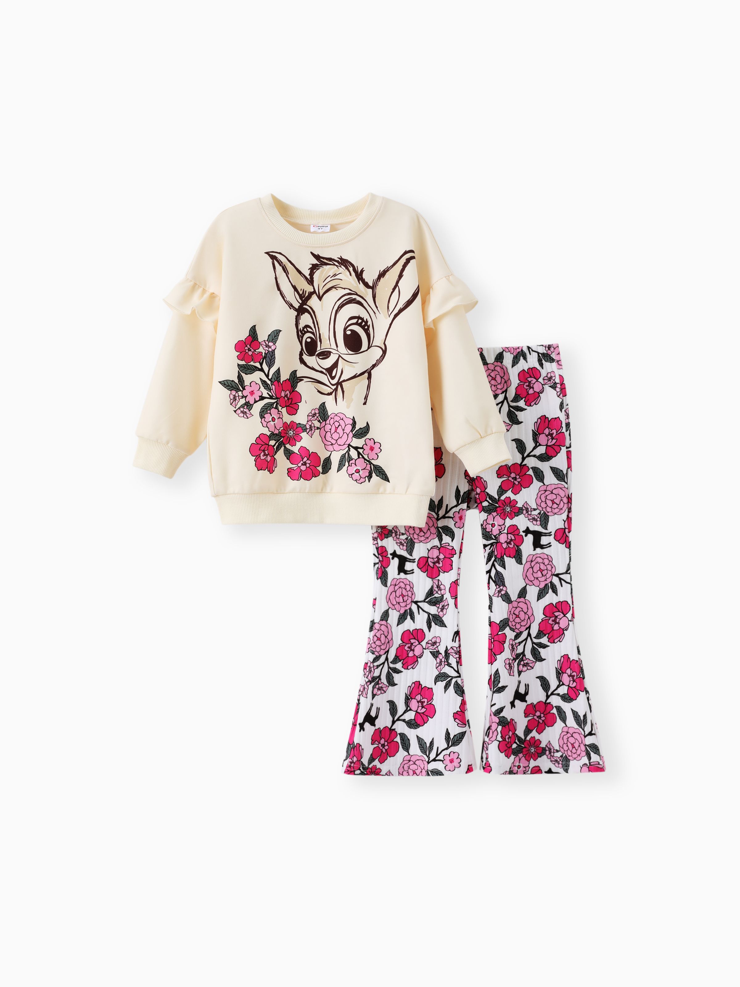 

Toddler Girl 2pcs Dear Ruffled Sweatshirt and Floral Flared Pants Set