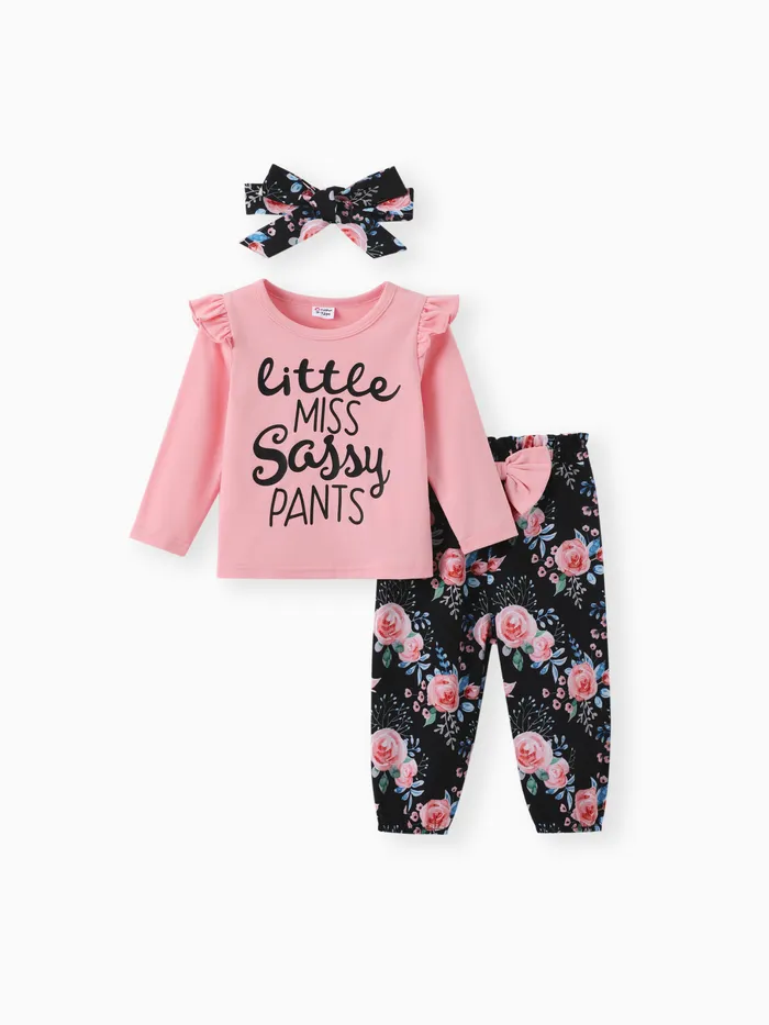 Baby Girl 3pcs Letter Tee and Floral Pants with Headband Set