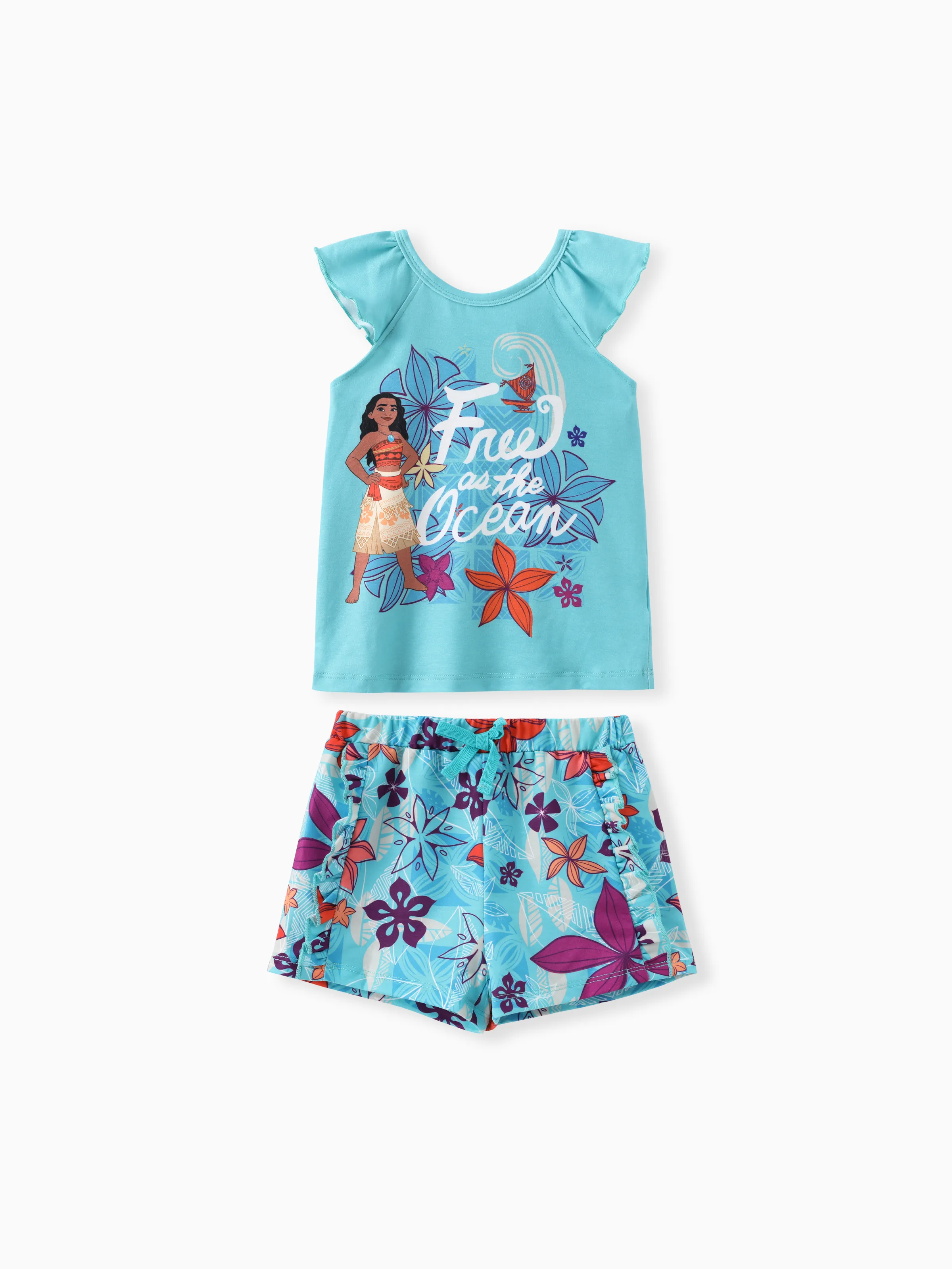 Disney Princess Toddler Girls Moana/Ariel 2pcs Naia™ Floral Letter Tie-dye Print Flutter-sleeve Top with Shorts Set