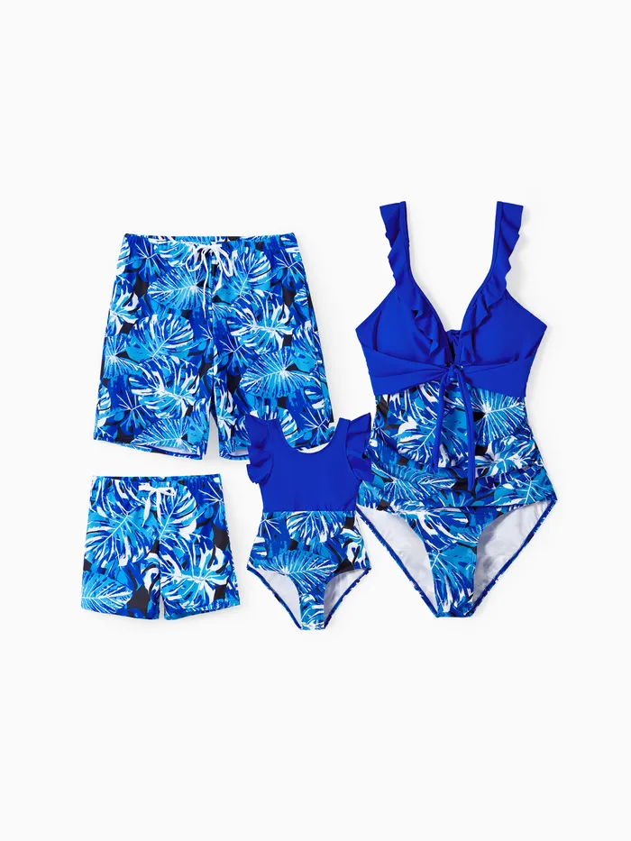 Bañador familiar con cordón floral a juego o traje de baño azul de una pieza con cuello en V (secado rápido)