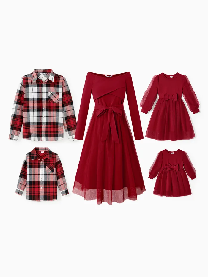 Family Matching Plaid Shirt Tops and Red Mesh Splice Belted Dresses Sets