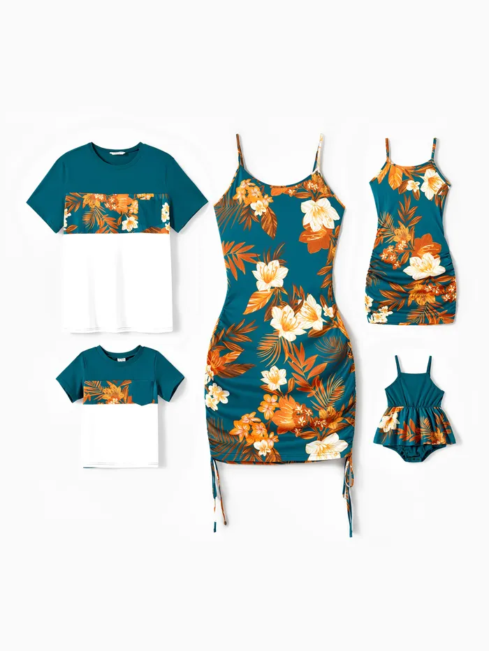 Conjuntos de vestidos de tirantes ajustados fruncidos con cordón y estampado floral integral a juego para toda la familia y conjuntos de camisetas empalmadas de manga corta