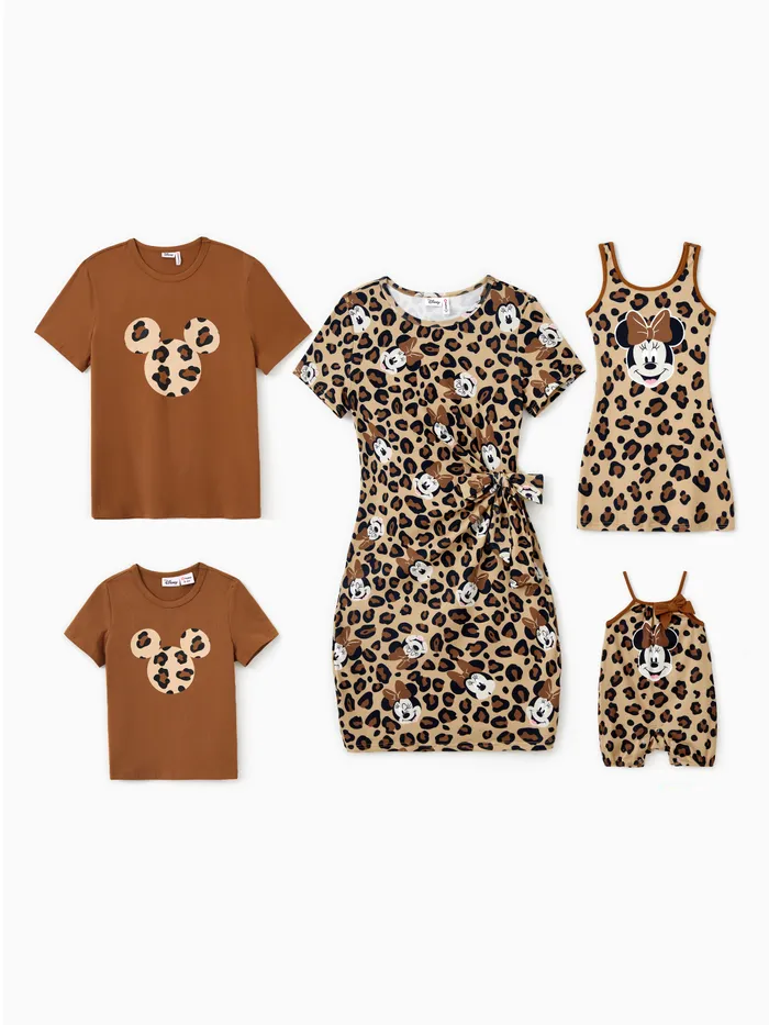 Disney Mickey and Friends Familie Passende Minnie und Mickey Leopardenmuster Strampler/Kleid/T-Shirt