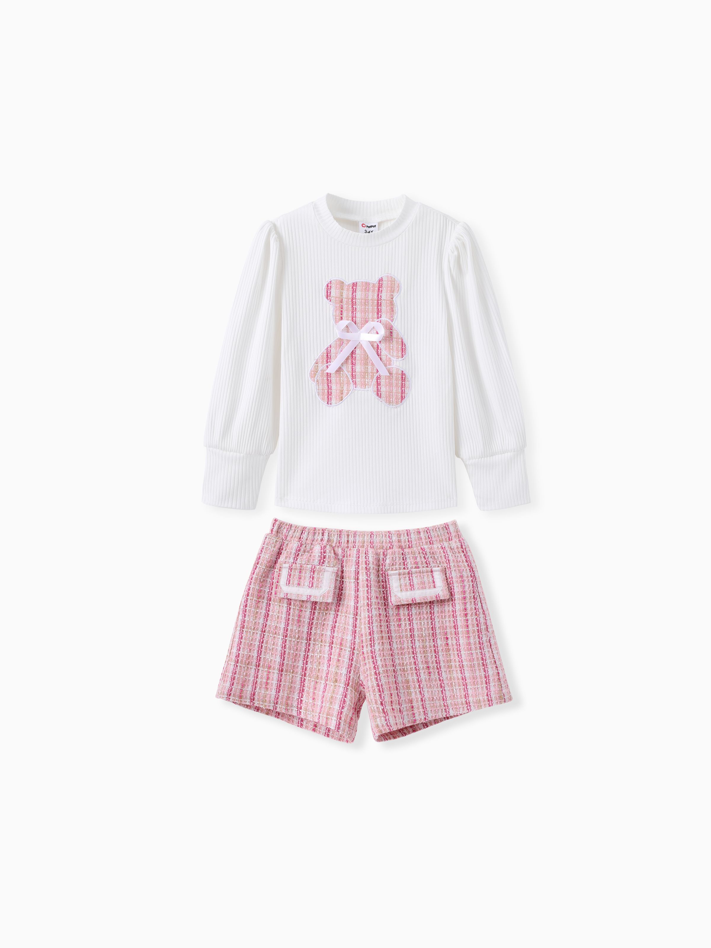 

Toddler Girl 2pcs Bear Print Puff-sleeve Sweatshirt and Grid Shorts Set