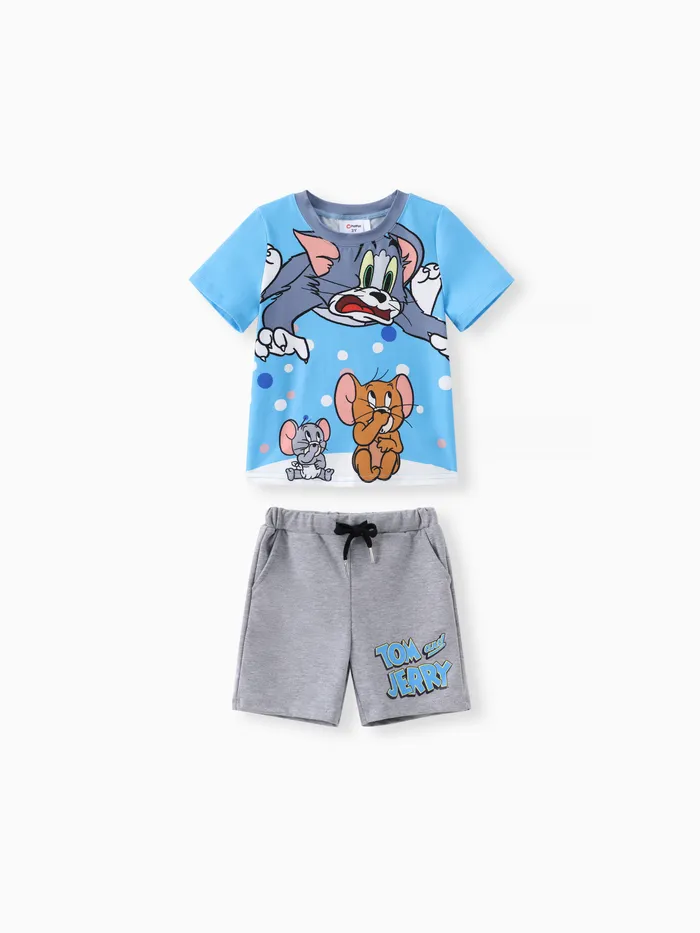 Tom y Jerry Niños Pequeños 2pcs Camiseta Estampada de Personajes Divertidos con Juego de Pantalones Cortos
