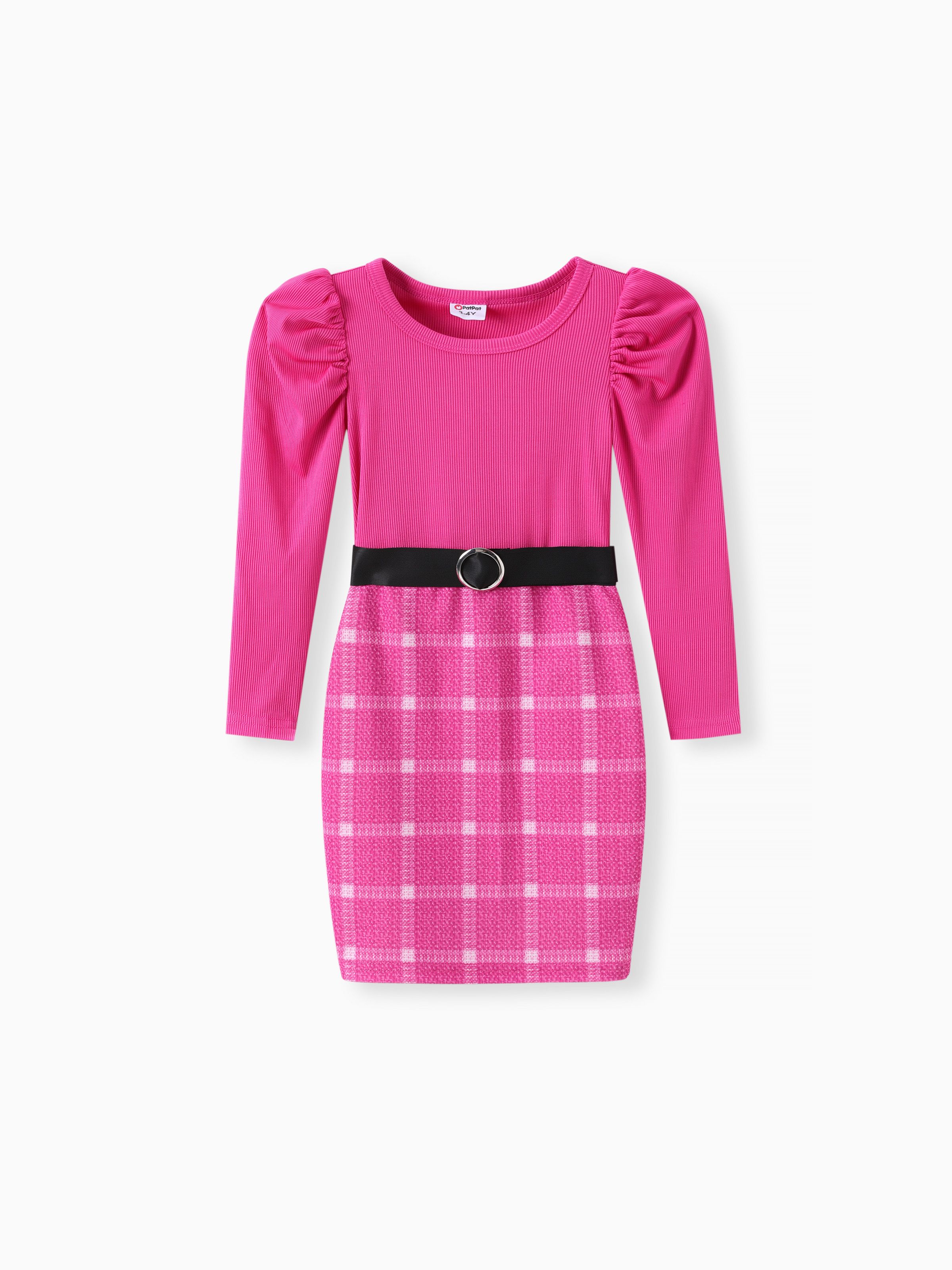 

Toddler/Kid Girl 2pcs Puff-sleeve Tee and Grid Print Skirt Set