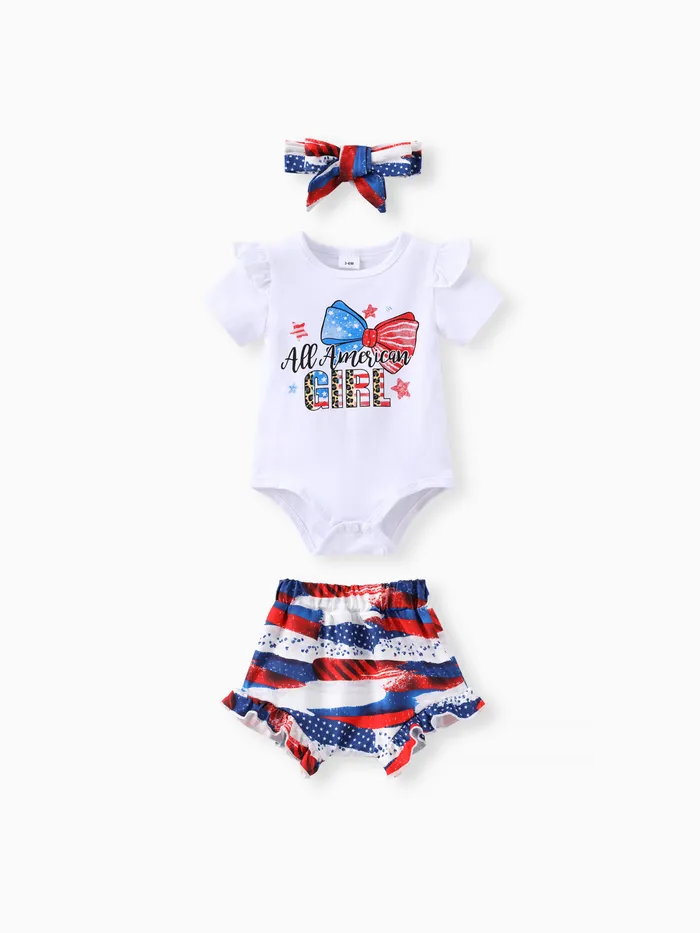 Baby Girl Independence Day 3pcs Letter Print Romper and Ruffled Shorts with Headband Set