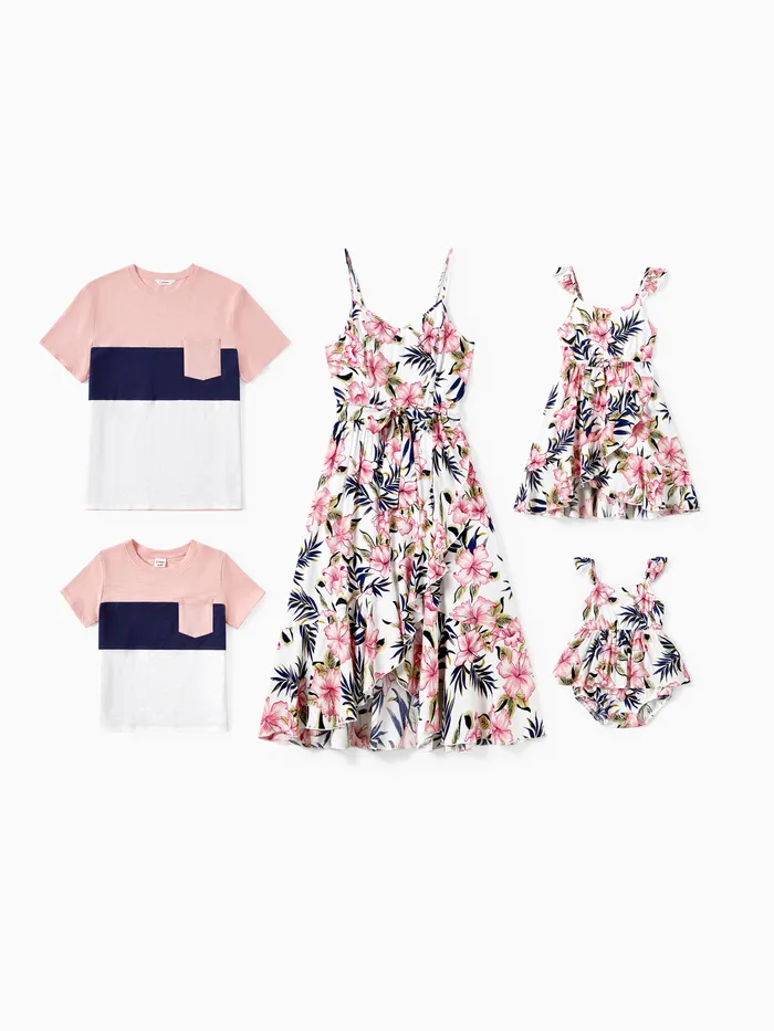 Family Matching Floral Wrap Bottom Strap Dress and Colorblock T-shirt Sets