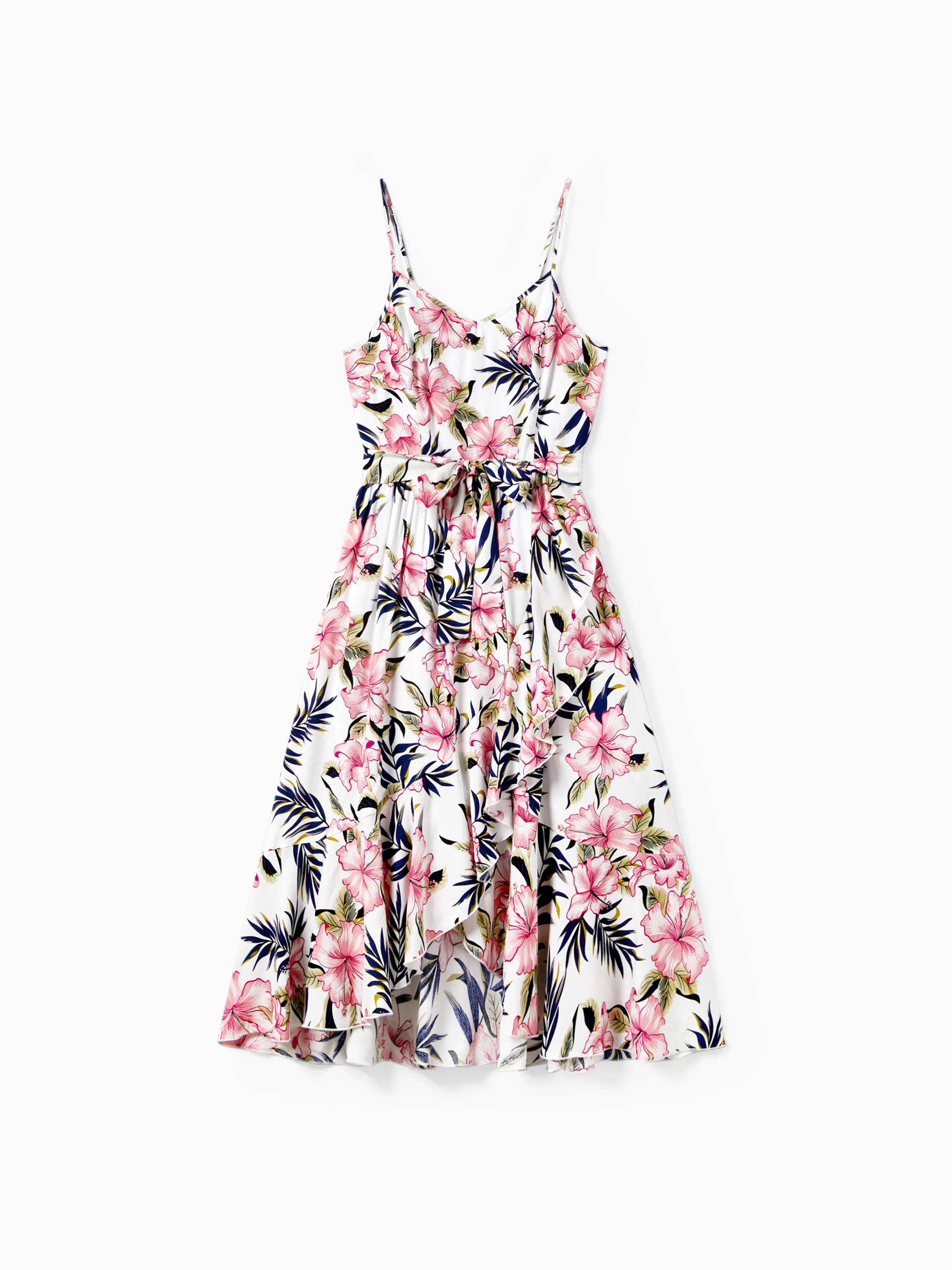 

Family Matching Floral Wrap Bottom Strap Dress and Colorblock T-shirt Sets