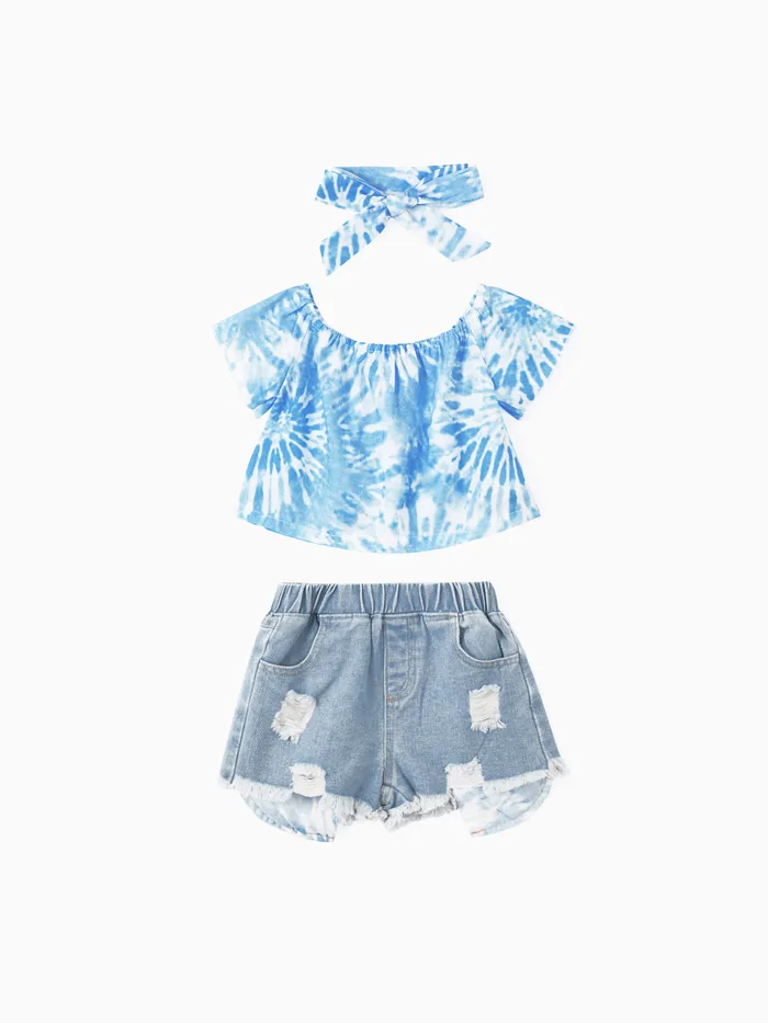 3pcs Toddler Girl Tie Dye Top & Headband & Ripped Denim Shorts Set 