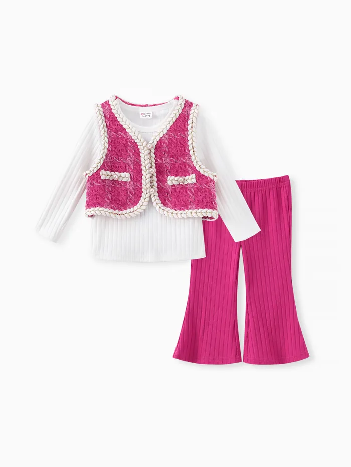 Bebé Niña 3pcs Camiseta Sólida y Conjunto de Chaleco y Pantalones de Rejilla