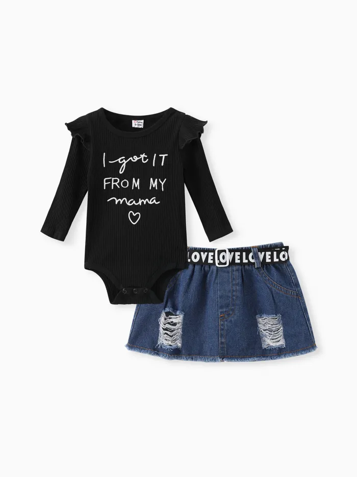 Baby Girl 2pcs Letter Print Romper and Denim Skirt Set