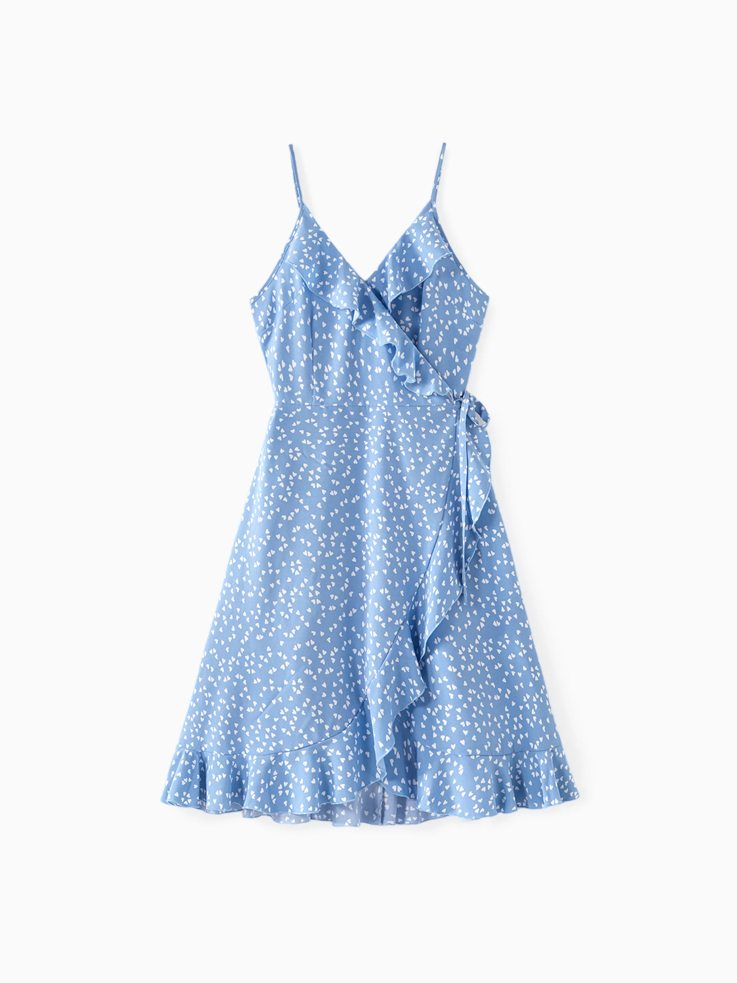 

All Over Dots Print Blue Sleeveless Spaghetti Strap V Neck Ruffle Wrap Dress for Mom and Me