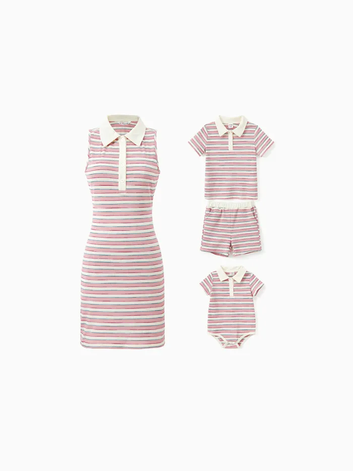 Mommy and Me Preppy Style Pink and White Striped Sleeves Polo Neck Bodycon Dress/Co-ord set