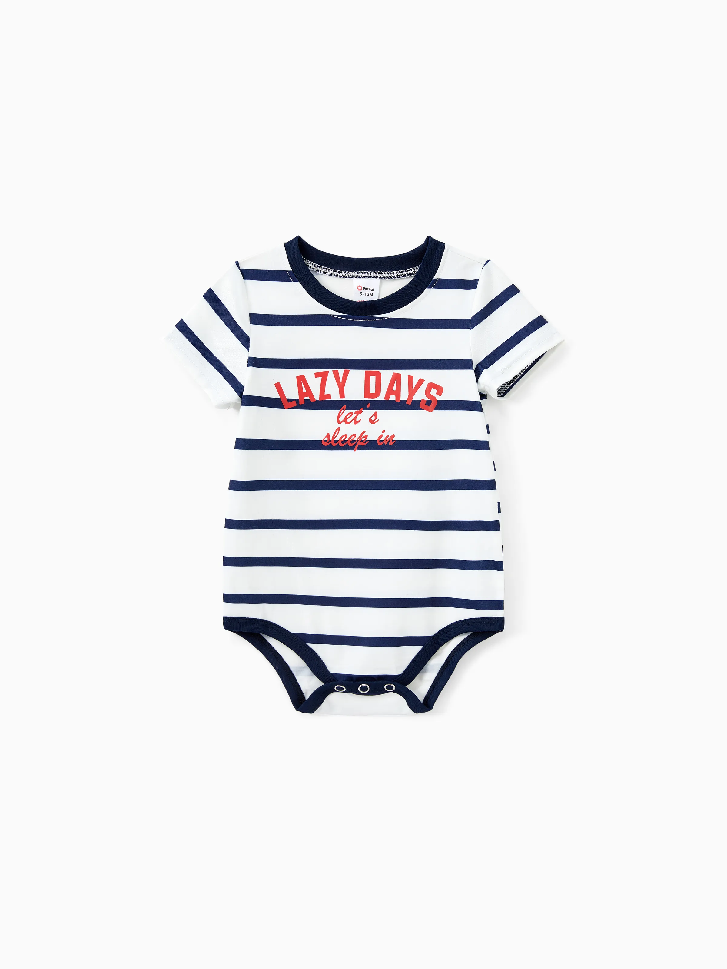 

Family Matching Pajamas Sets Preppy Style Striped Slogan Print Crew Neck Top and Navy Blue Drawstring Shorts