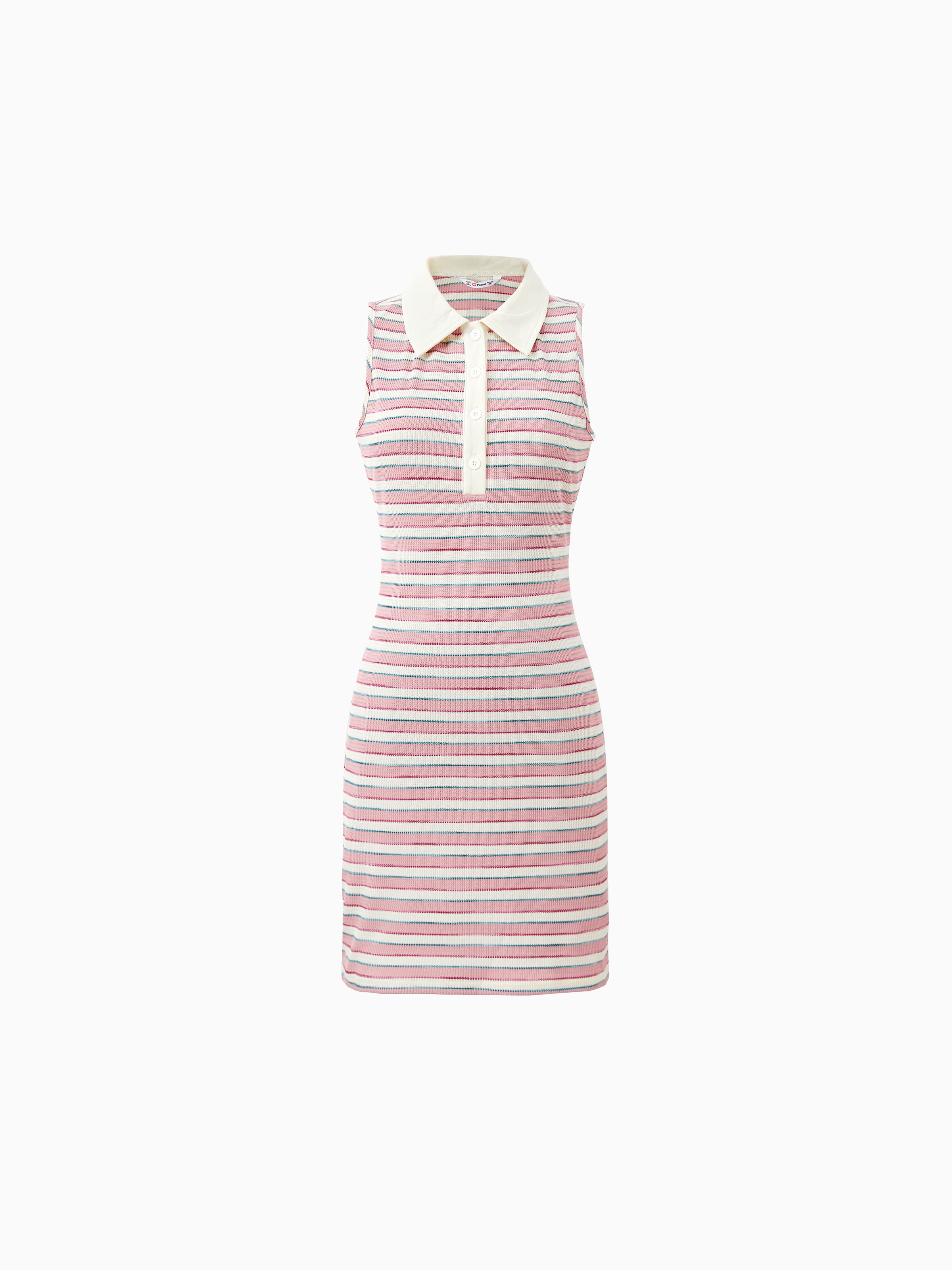 

Mommy and Me Preppy Style Pink and White Striped Sleeves Polo Neck Bodycon Dress/Co-ord set
