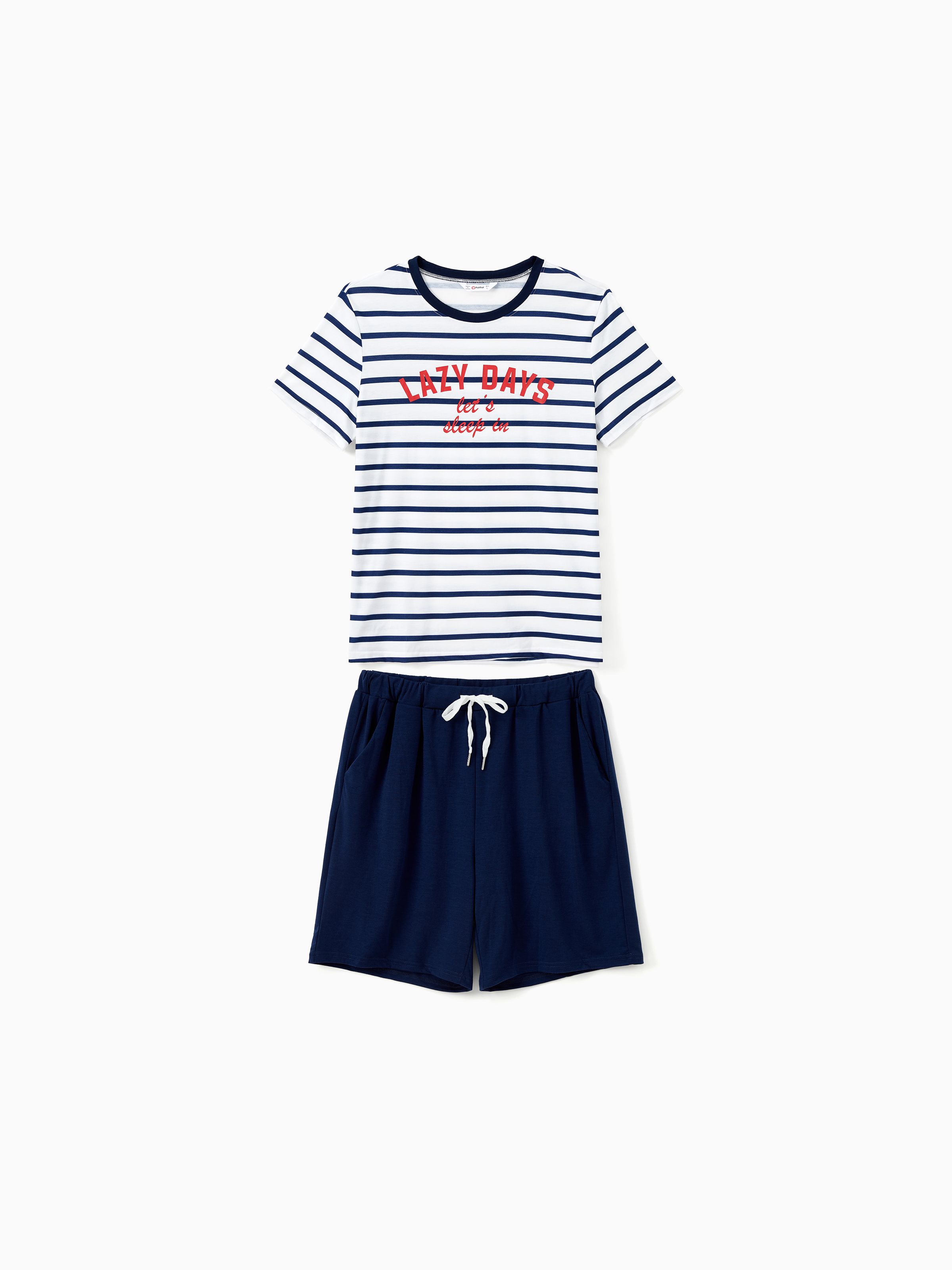 

Family Matching Pajamas Sets Preppy Style Striped Slogan Print Crew Neck Top and Navy Blue Drawstring Shorts