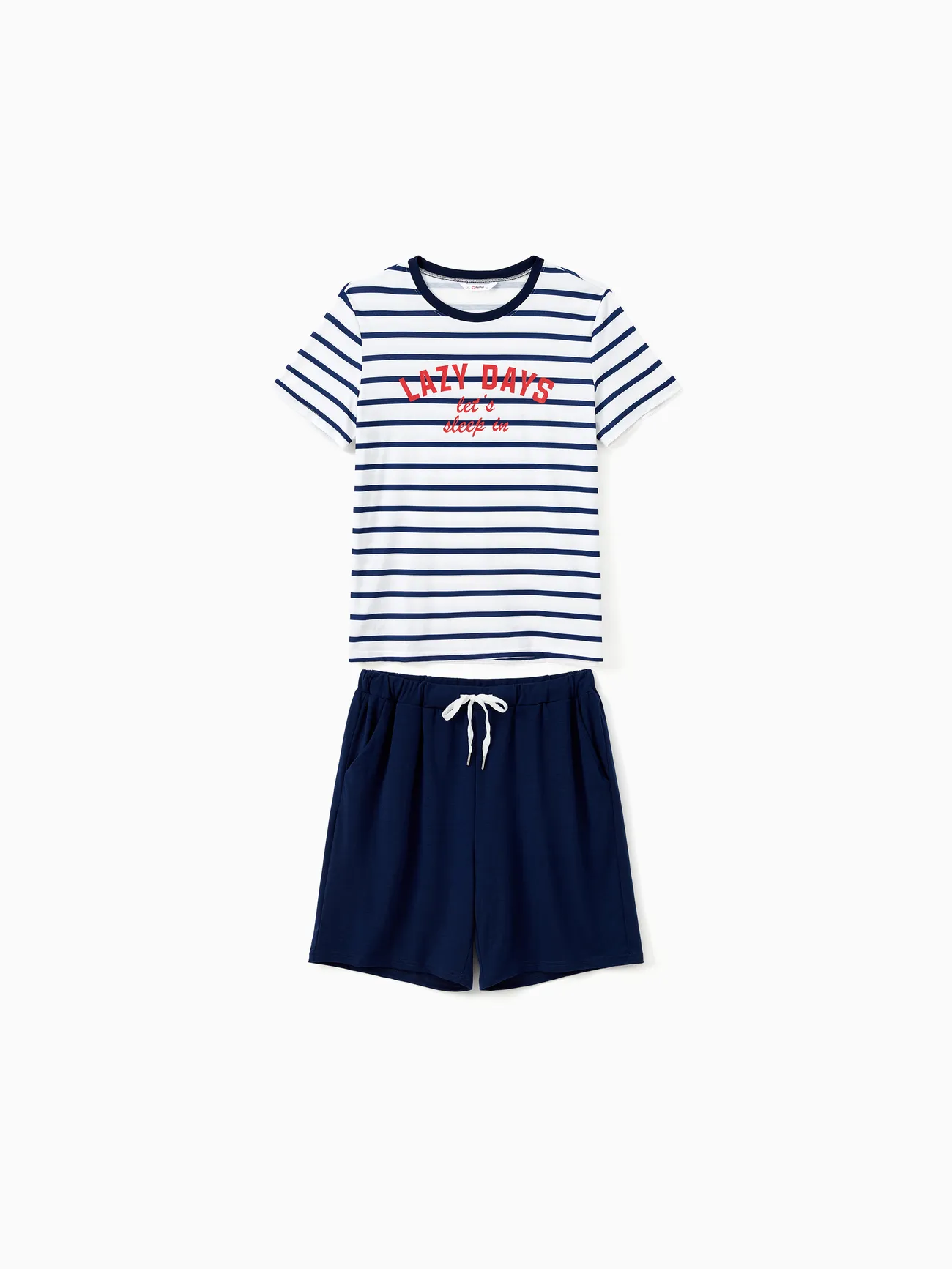 

Family Matching Pajamas Sets Preppy Style Striped Slogan Print Crew Neck Top and Navy Blue Drawstring Shorts