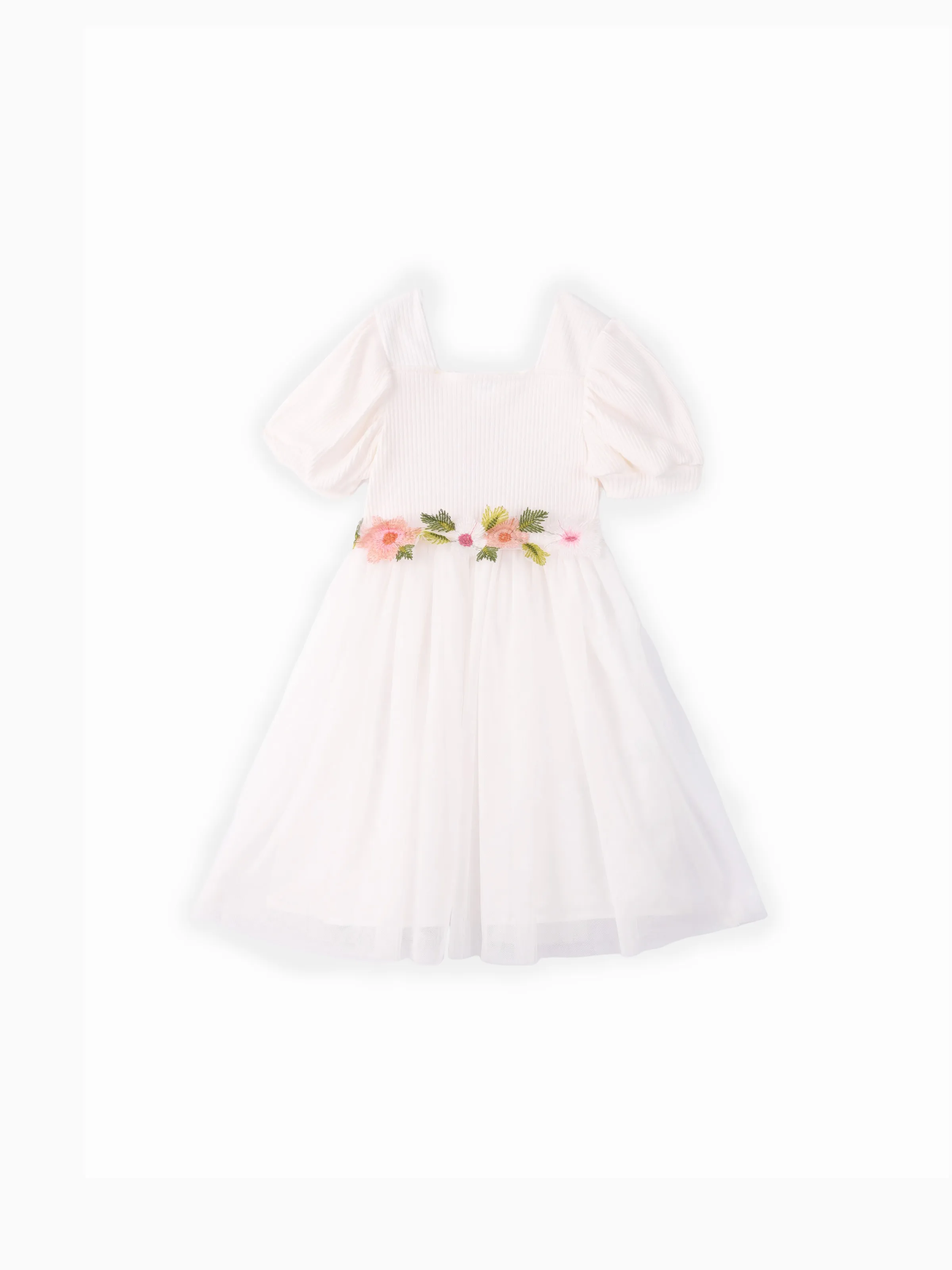 

Toddler Girl Sweet Floral Design Mesh Splice Puff-sleeve Dress