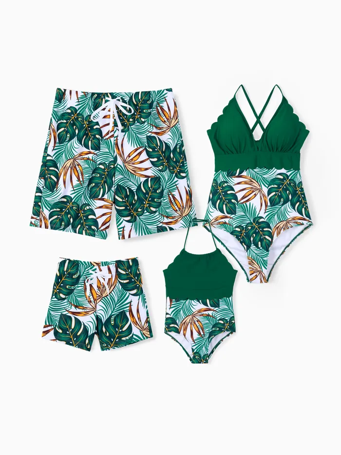 Family Matching Allover Plants Print Swim Trunks Shorts and V Neck Spaghetti Strap Splicing One-Piece Swimsuit