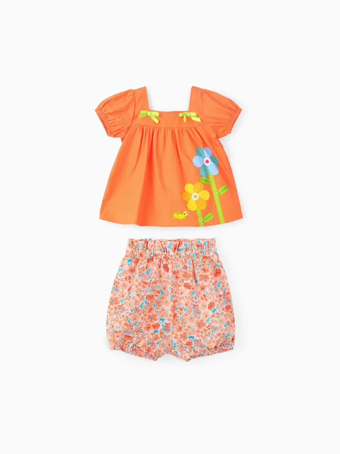 Bebê menina 2pcs doce grande flor padrão decote quadrado top e shorts set