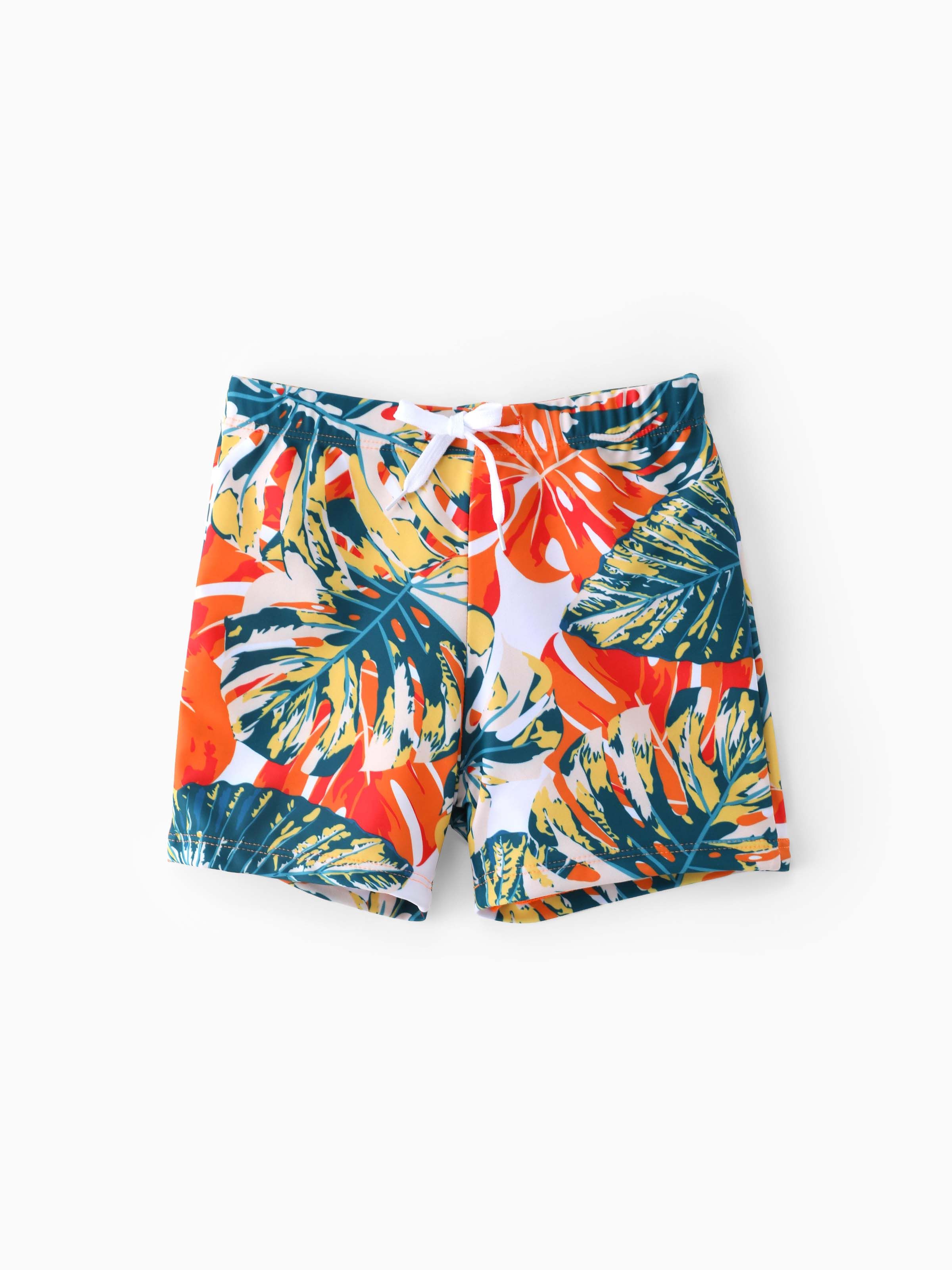 

Family Matching Orange and All Over Tropical Plant Print Splicing Ruffle One-Piece Swimsuit and Swim Trunks Shorts