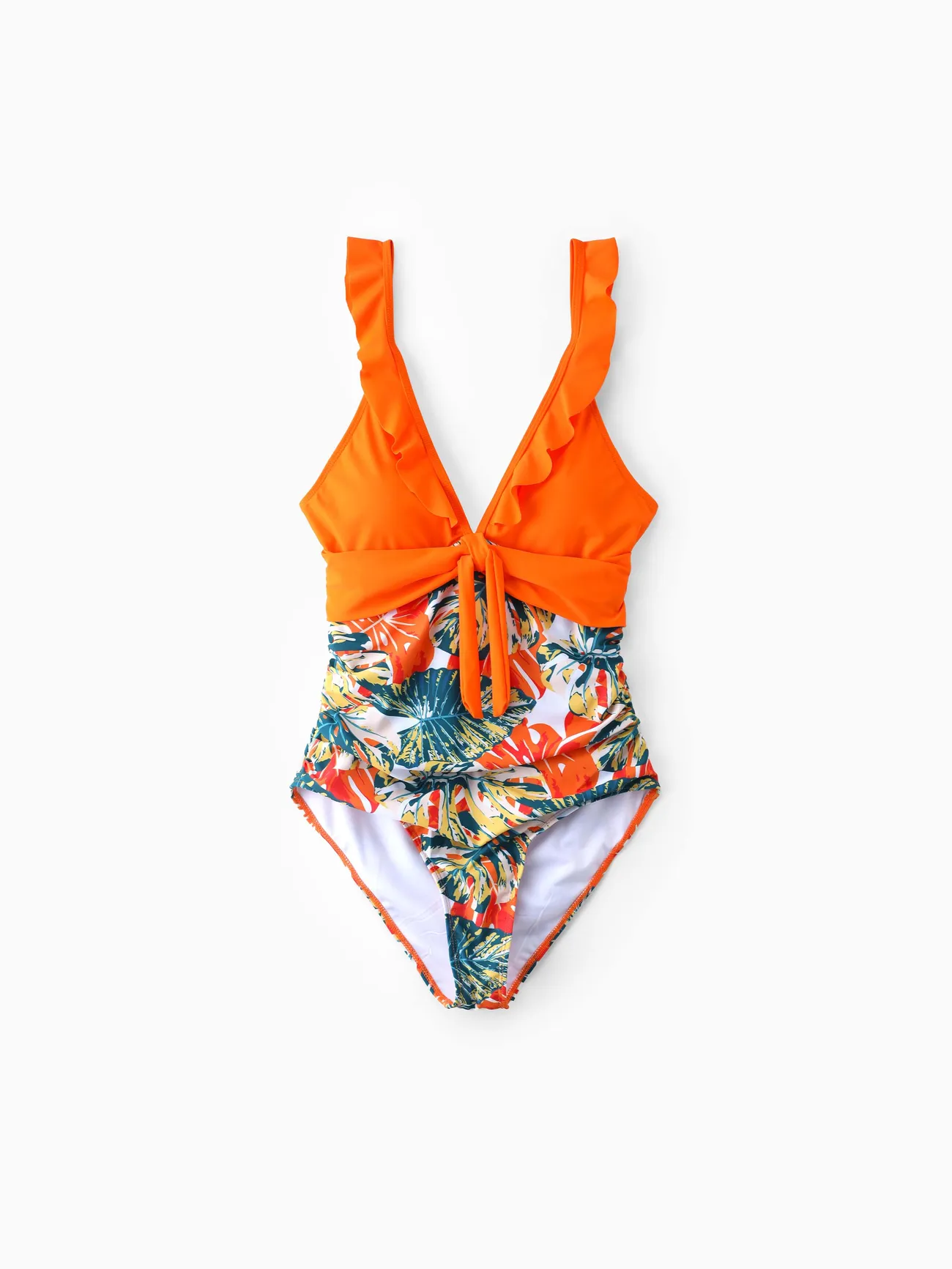 traje de baño de una pieza y pantalones cortos de baño de una pieza con estampado de plantas tropicales y naranja a juego con la familia